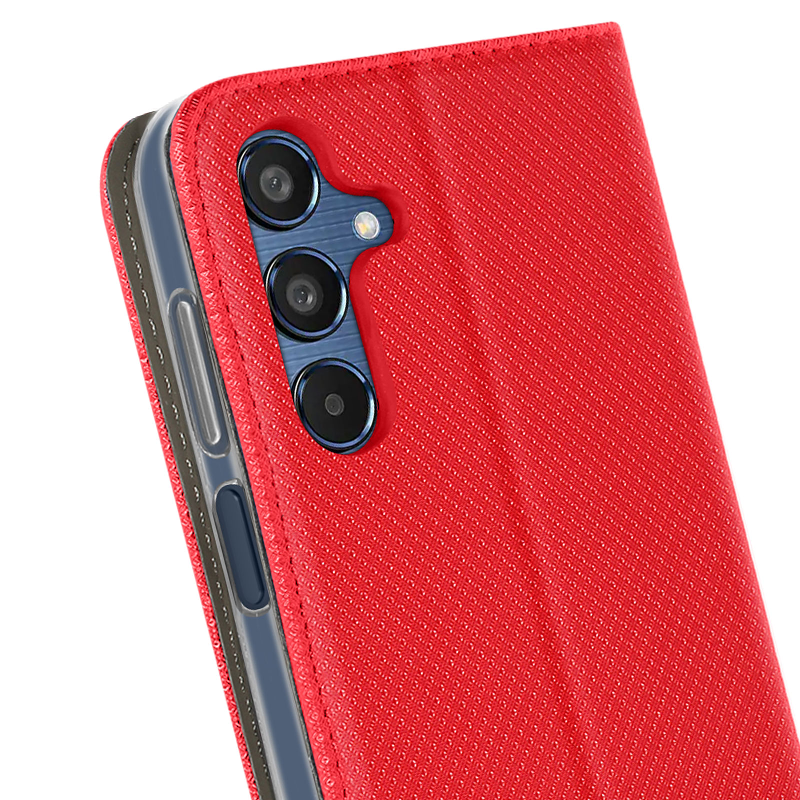 Custodia per telefono rossa con tre fotocamere posteriori. La custodia è aperta. Il telefono è tenuto chiuso.
