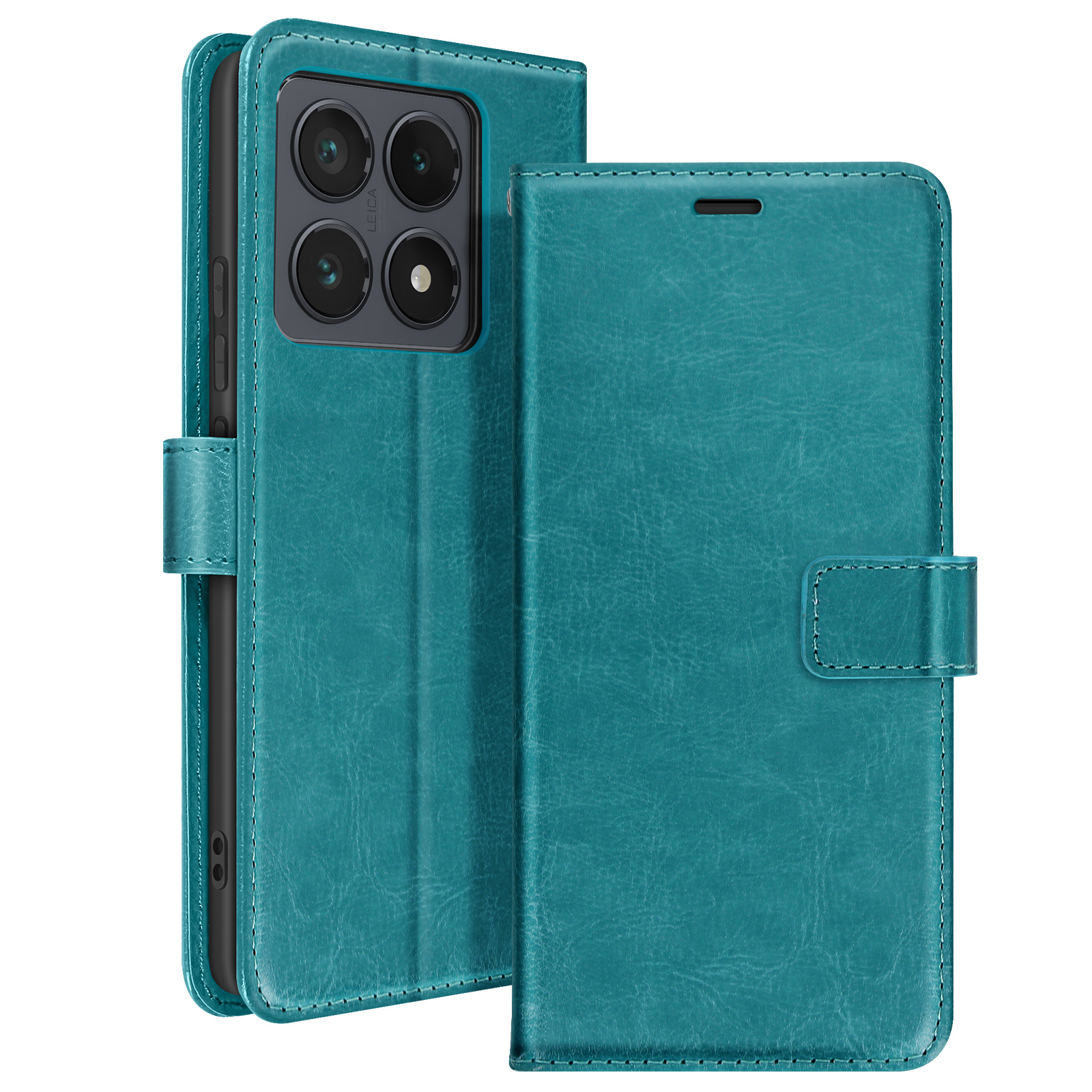Custodia per telefono verde aperta, che mostra un telefono e delle carte. Sfondo bianco.