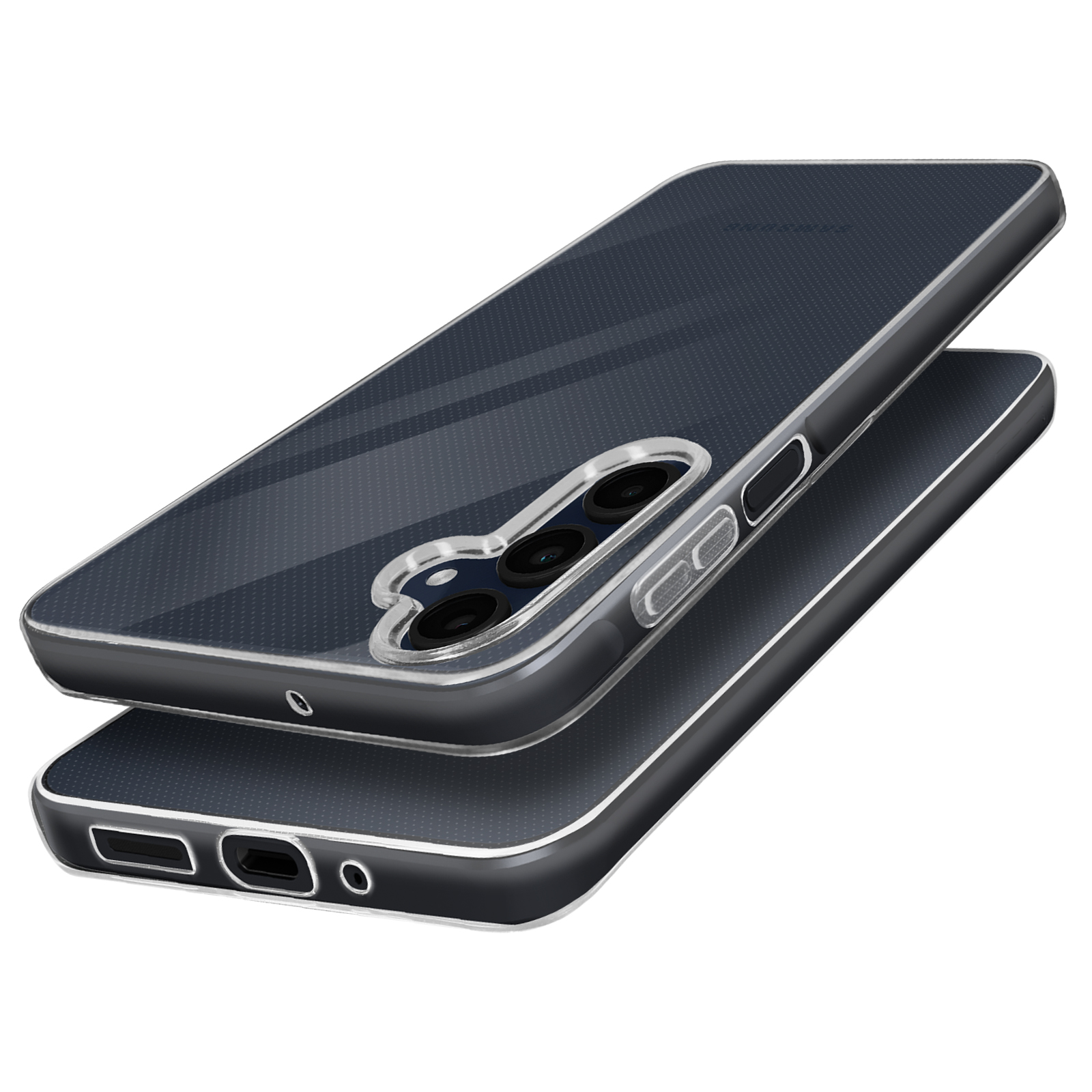 Custodia trasparente per telefono con telefono. Tre obiettivi della fotocamera visibili. Sfondo bianco.