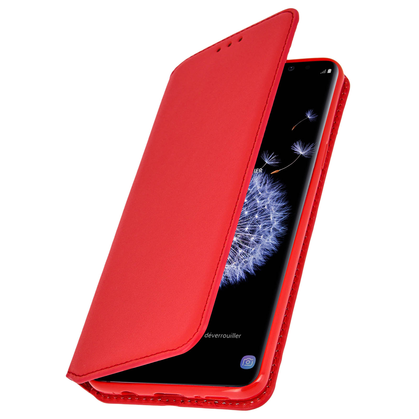 Custodia rossa per telefono con coperchio aperto che mostra lo schermo del telefono. Sfondo bianco.