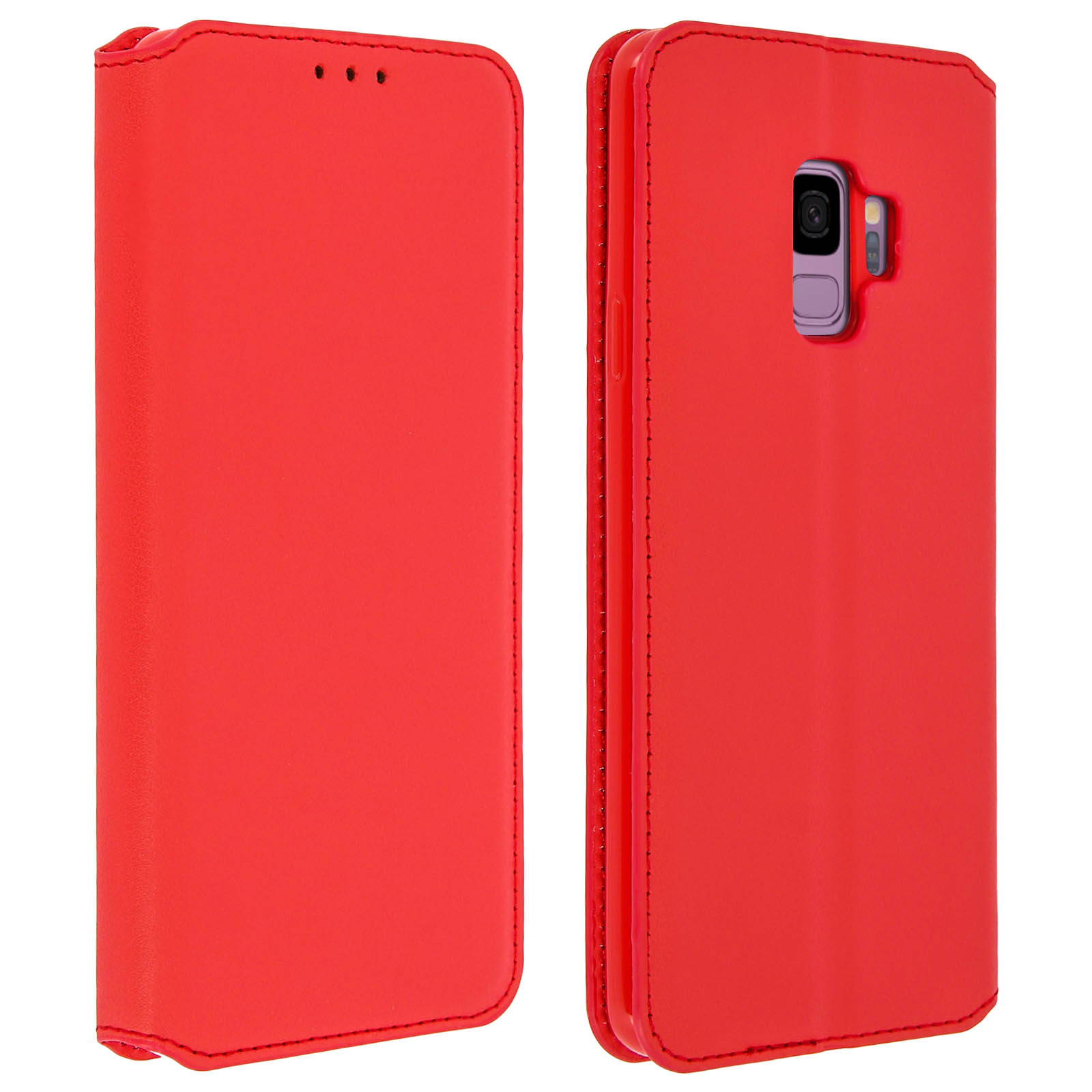 Custodia per telefono rossa, aperta. Telefono nella custodia. Interno con fessure per carte. Rossa, similpelle.