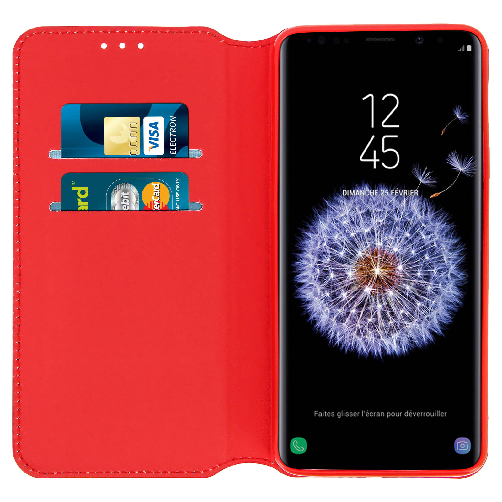 Custodia per telefono rossa aperta, con carte di credito e un telefono che mostra una schermata di blocco.