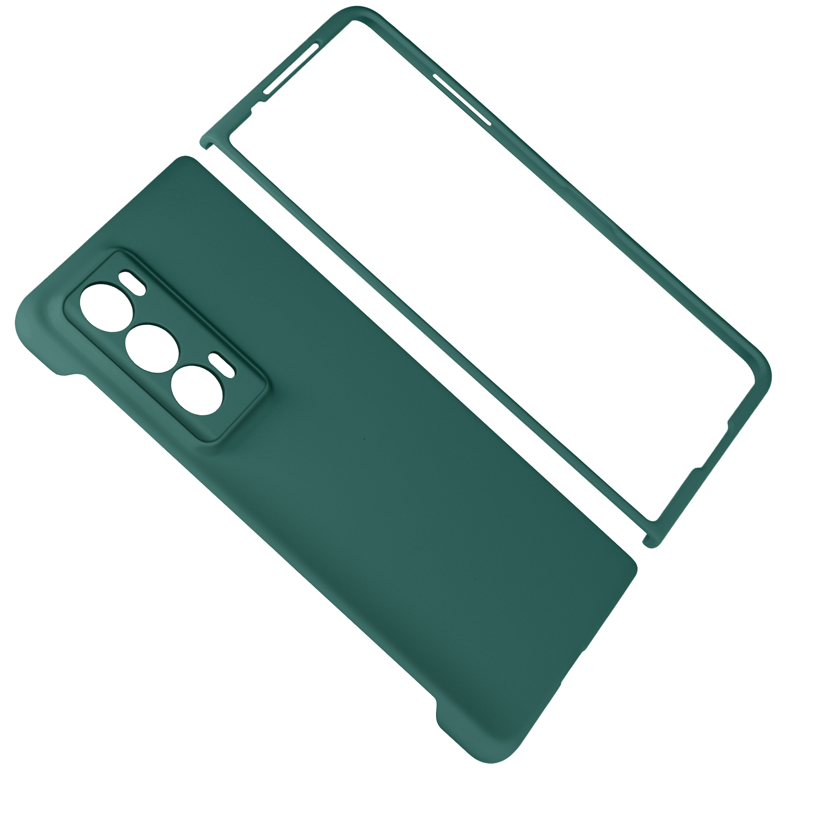 Custodia per telefono e protezione schermo. Custodia verde. Tre lenti visibili. Protezione trasparente.