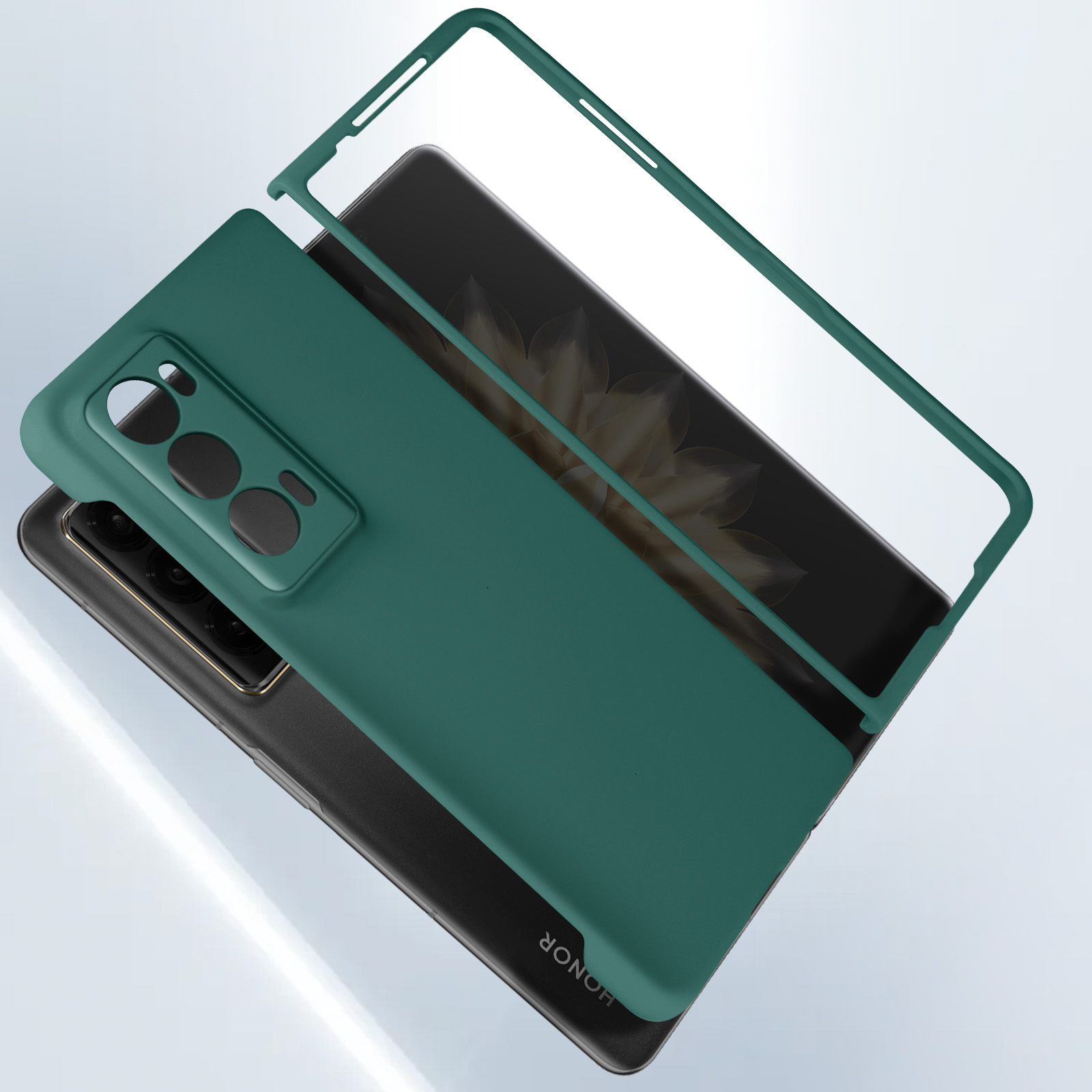 Custodia per telefono e protezione schermo. Custodia verde. Tre lenti visibili. Telefono nero. Marchio HONOR.