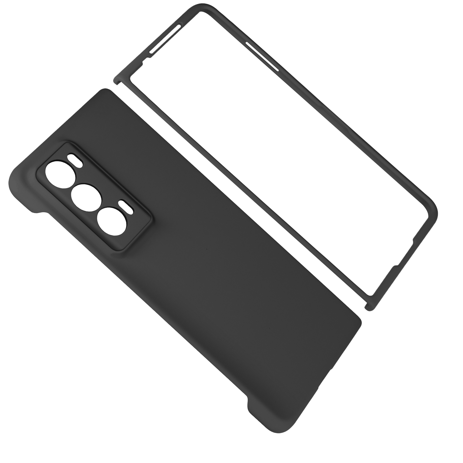 Custodia per telefono e protezione schermo. Custodia nera. Tre lenti visibili. Sfondo bianco.