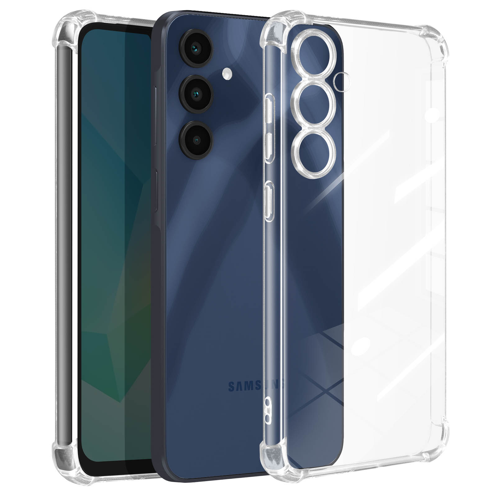 Custodia trasparente su un telefono blu. Tre obiettivi e logo SAMSUNG visibili. Bianco.