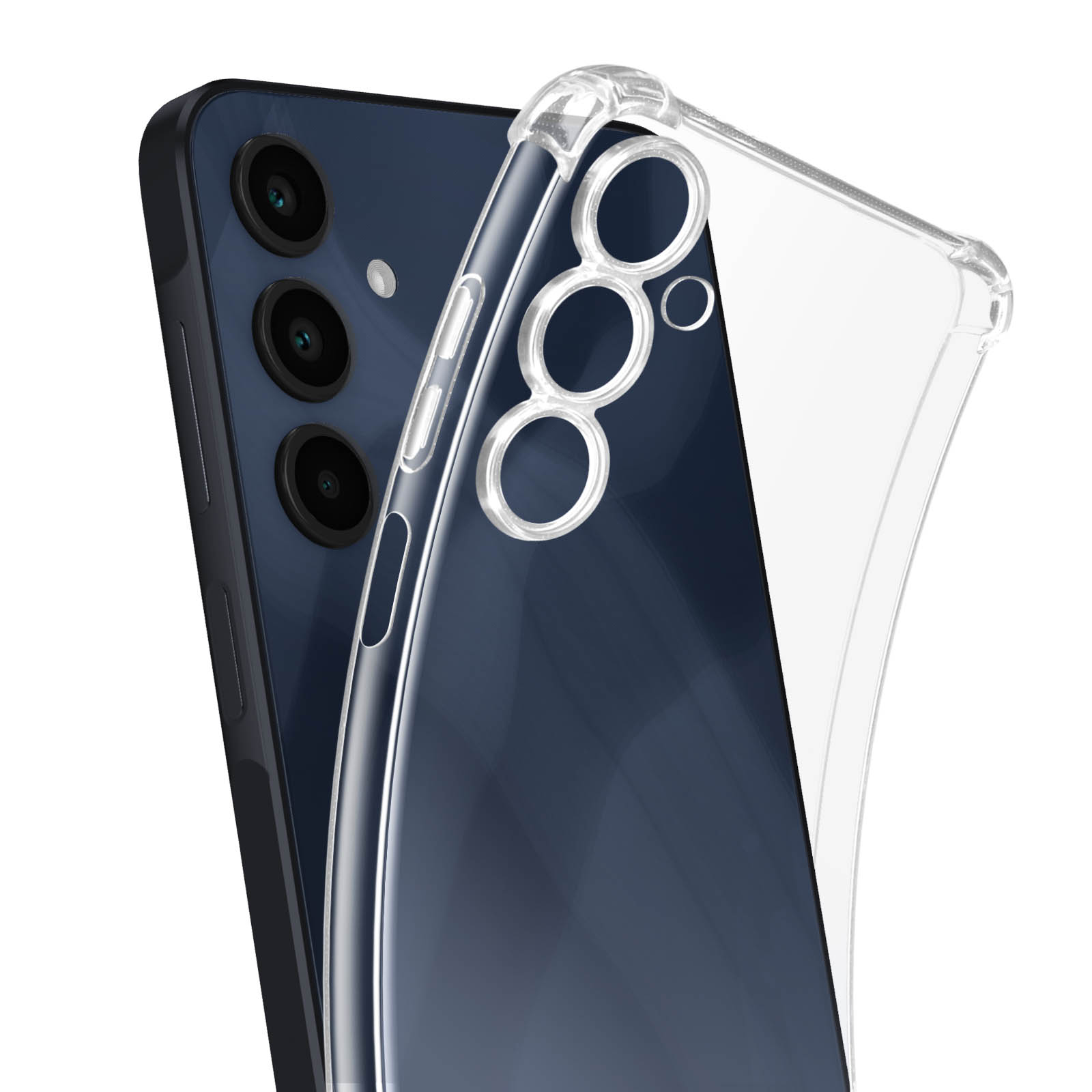 Custodia trasparente su un telefono blu, che mostra la fotocamera e il logo SAMSUNG. Bianco.
