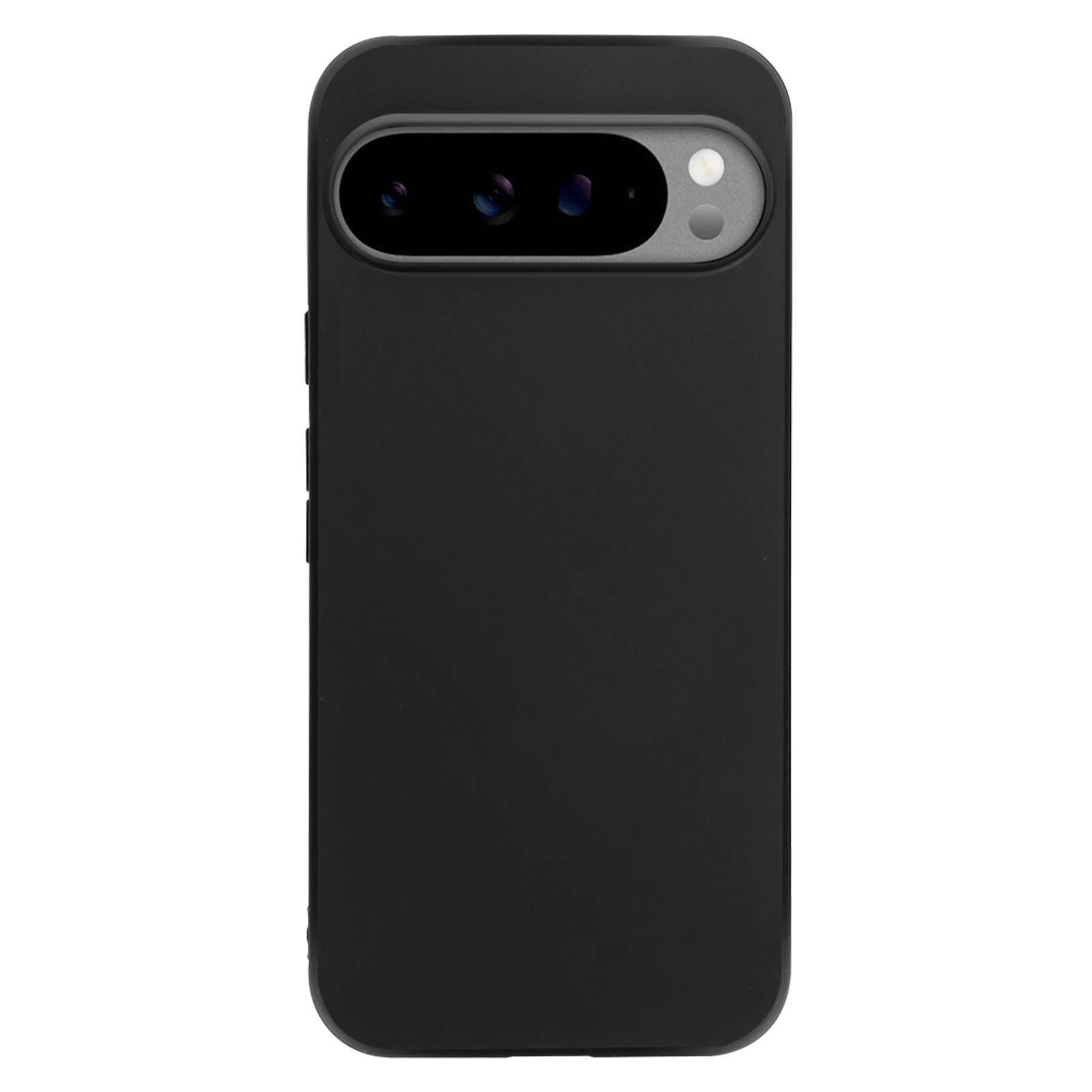 Custodia nera per telefono con ritaglio per fotocamera. Ha un design sottile ed è in materiale opaco.