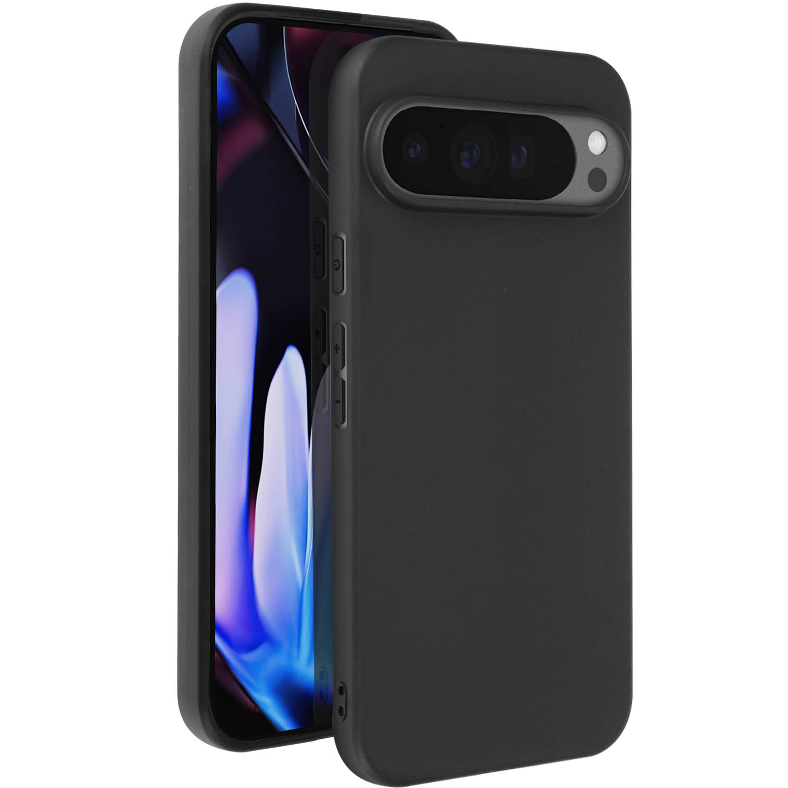 Custodia nera con telefono. Il telefono ha fotocamere e schermo blu scuro.
