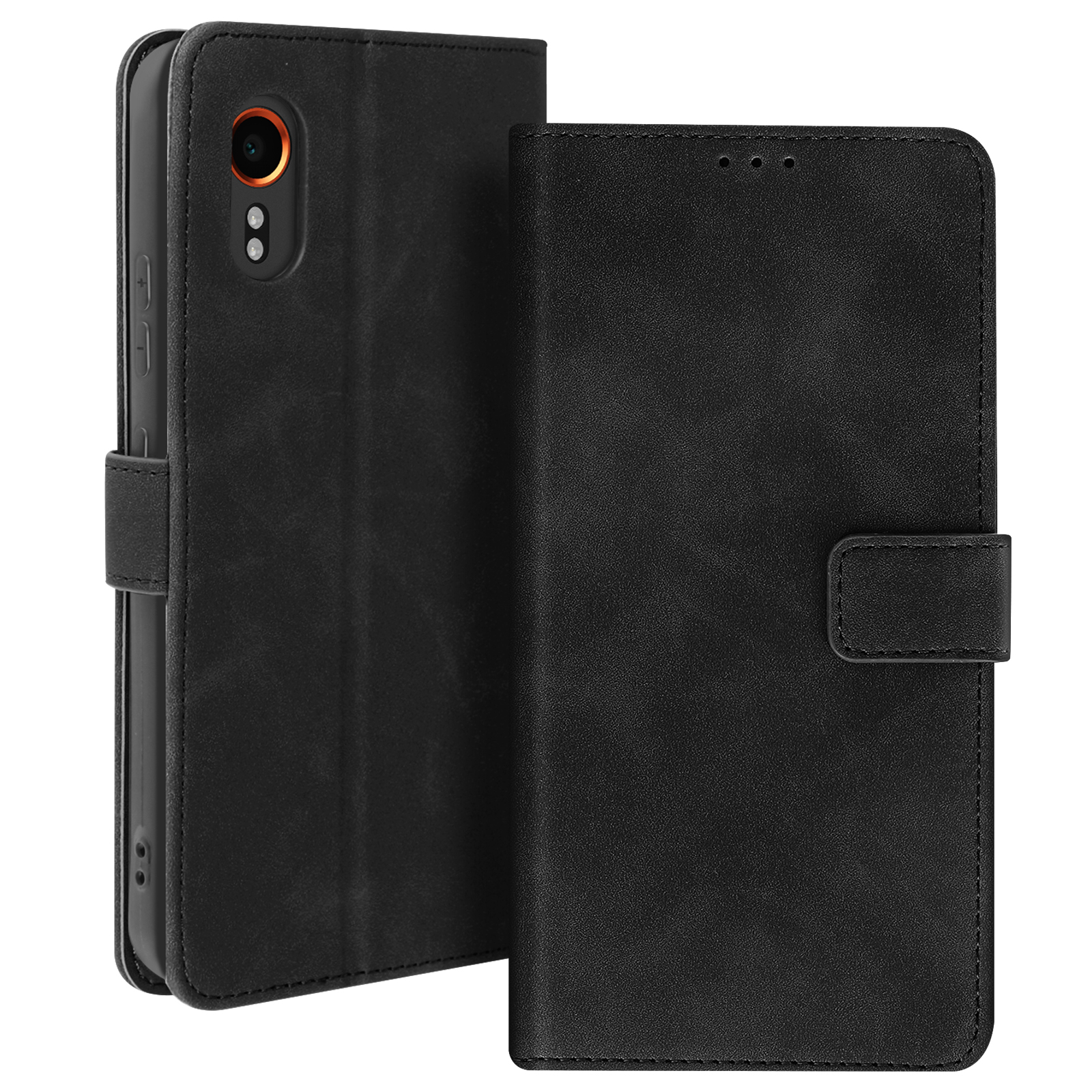 Schwarze Handyhülle, geöffnet. Telefon mit orangener Kamera. Hülle mit Kartenfächern und Geld.