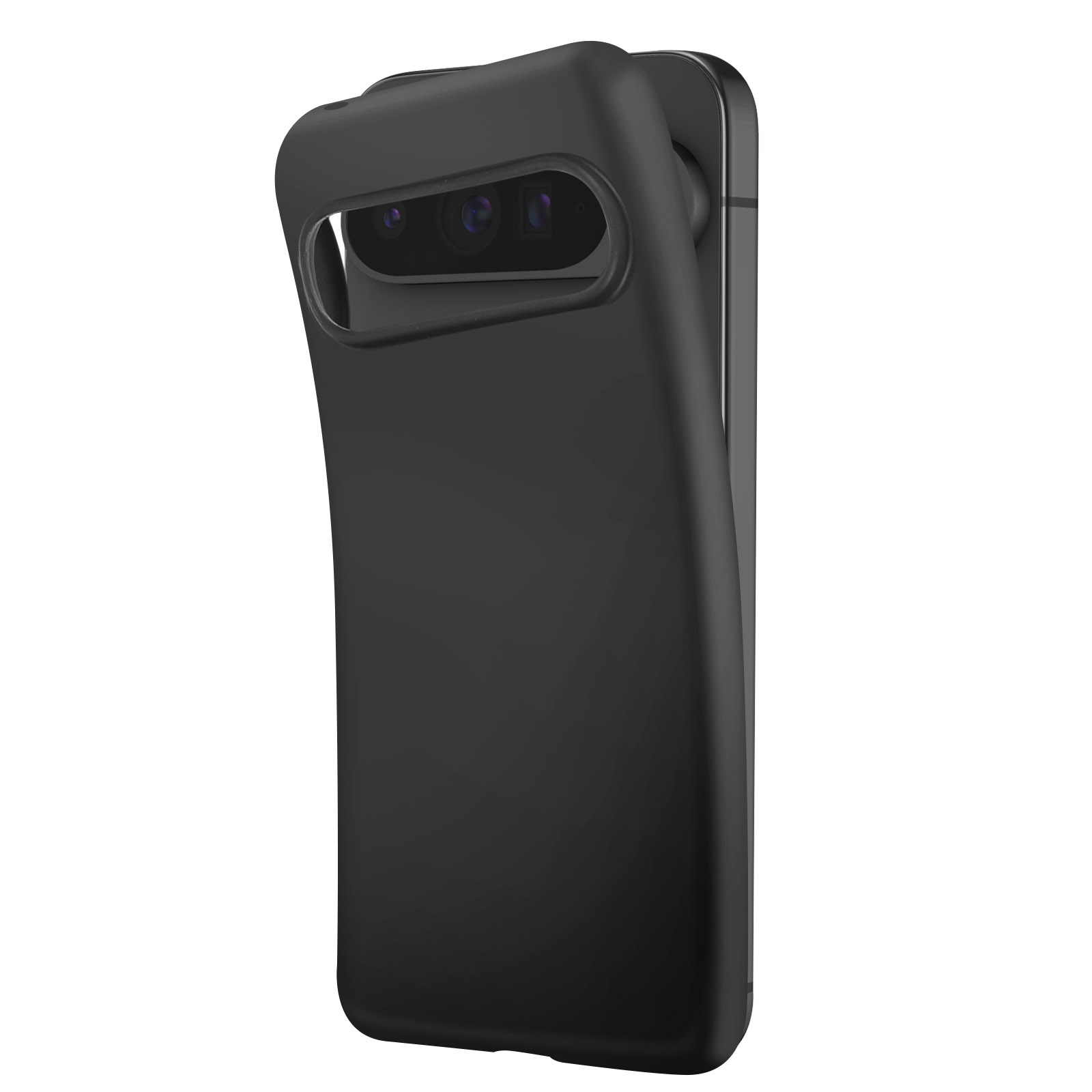 Custodia nera per telefono con ritaglio per fotocamera. Ha un design sottile ed è in materiale opaco.