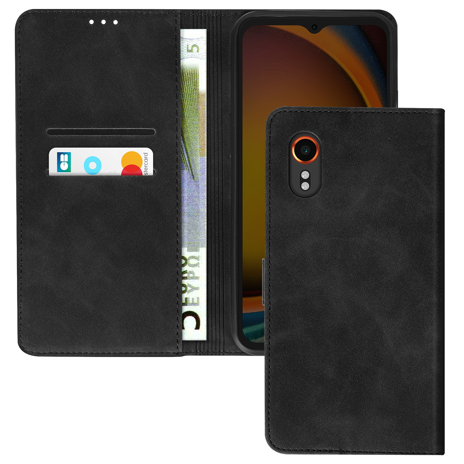 Schwarze Handyhülle geöffnet. Geld und Karte in der Hülle. Telefon mit Kamera.