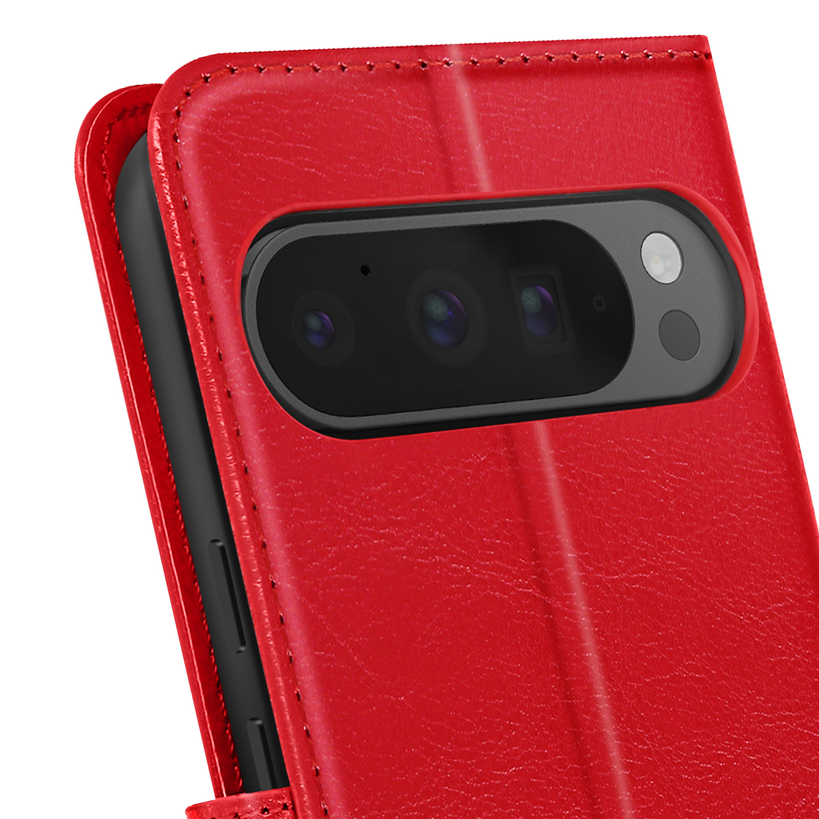 Primo piano di una custodia rossa. Mostra l'area della fotocamera. Fotocamera visibile.