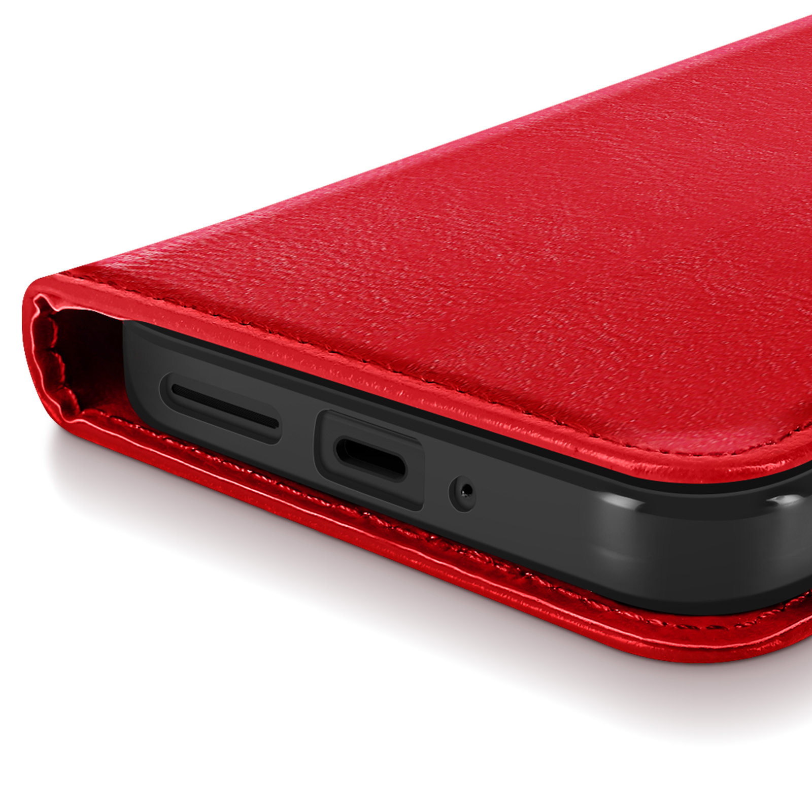 Primo piano di una custodia rossa con porte. Il telefono è nero all'interno della custodia.