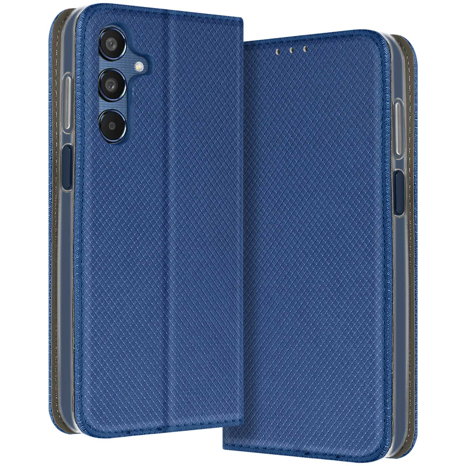 Custodia blu aperta. Telefono con più fotocamere. Custodia con superficie testurizzata.