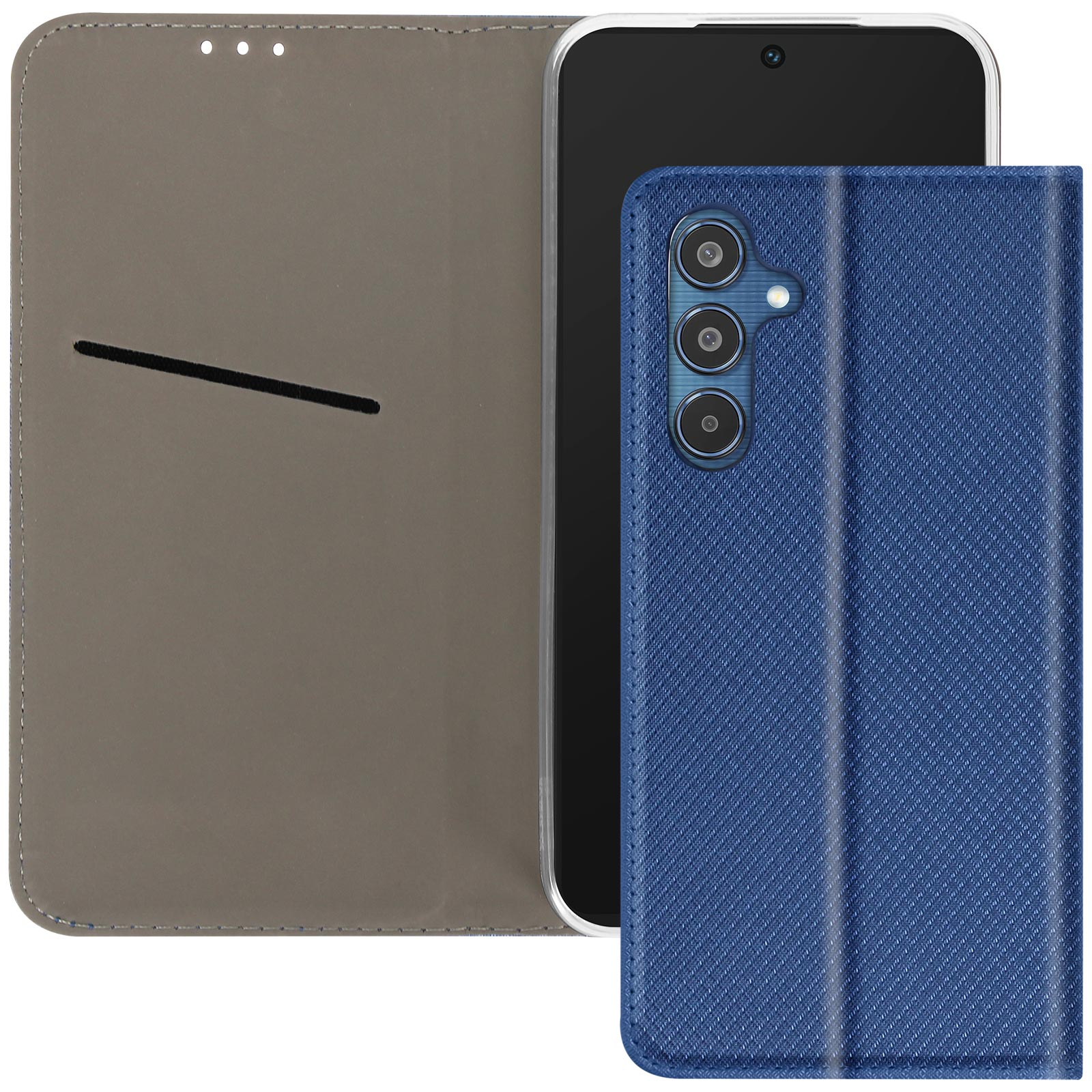 Custodia blu per telefono aperta. Il telefono è dentro. La custodia ha un motivo strutturato.
