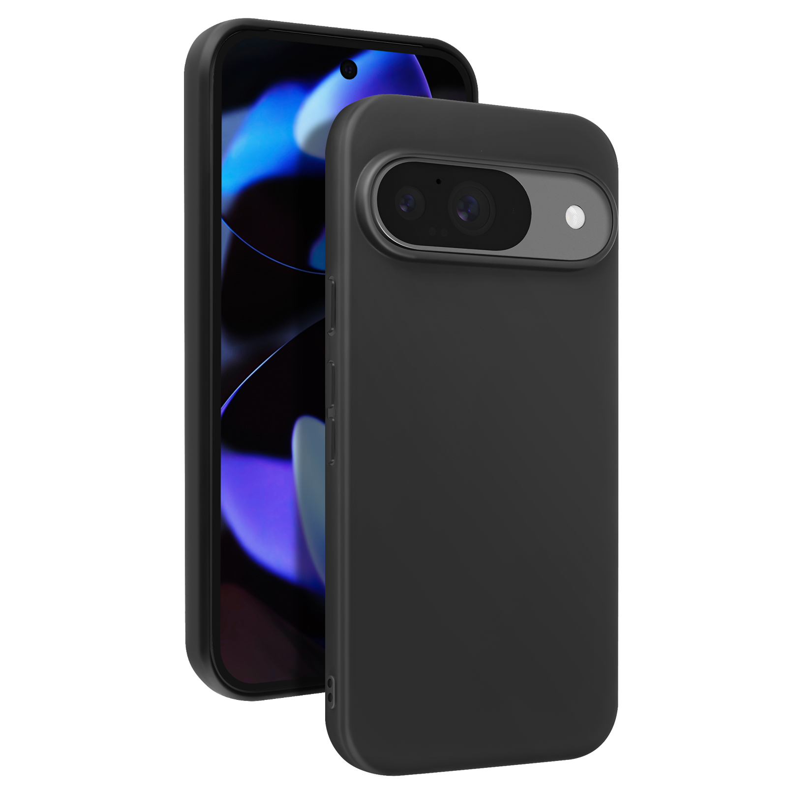 Un telefono nero in una custodia nera. Il telefono mostra uno sfondo blu e nero.