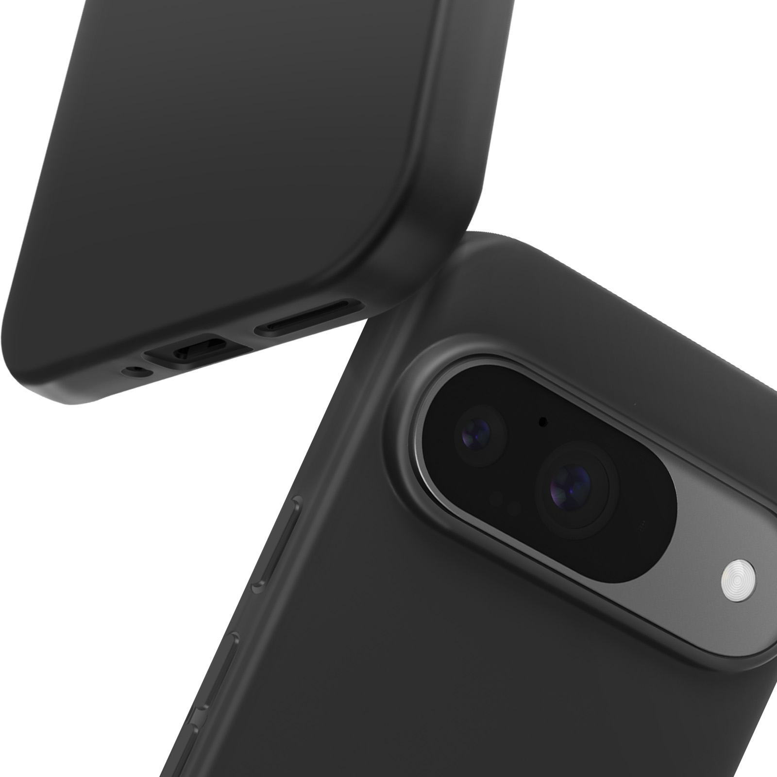 Custodia nera per telefono, primo piano. Parte superiore staccata, con ritagli per fotocamera e pulsanti laterali. Sfondo bianco.