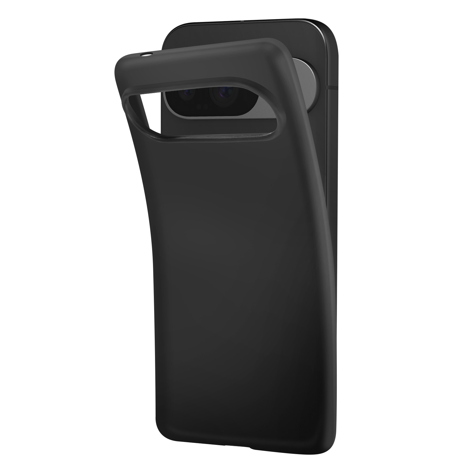Custodia nera per telefono con ritaglio per fotocamera. Ha un design sottile ed è in materiale opaco.