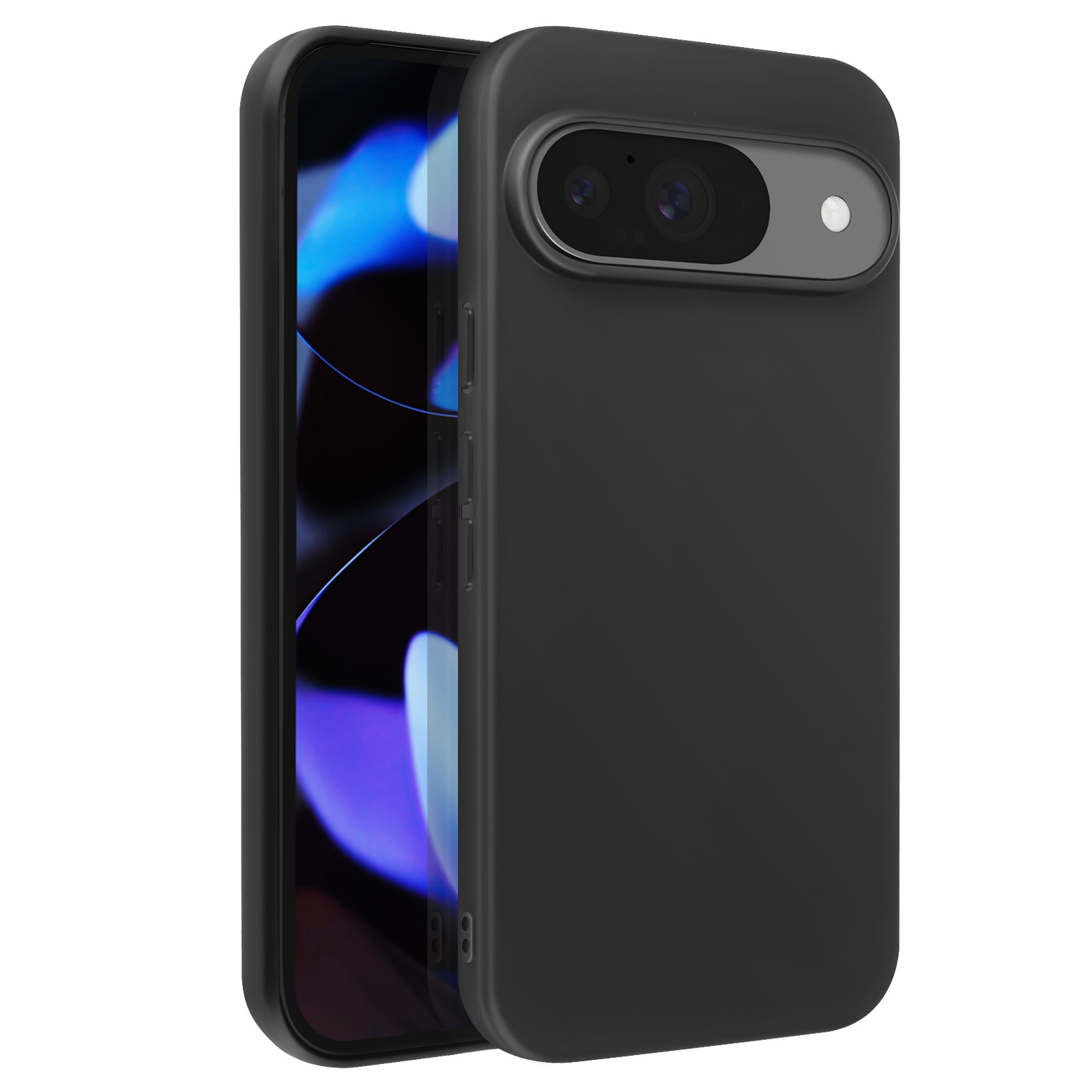 Telefono nero in custodia nera. Telefono con obiettivo della fotocamera visibile, la custodia avvolge il telefono. Sfondo bianco.