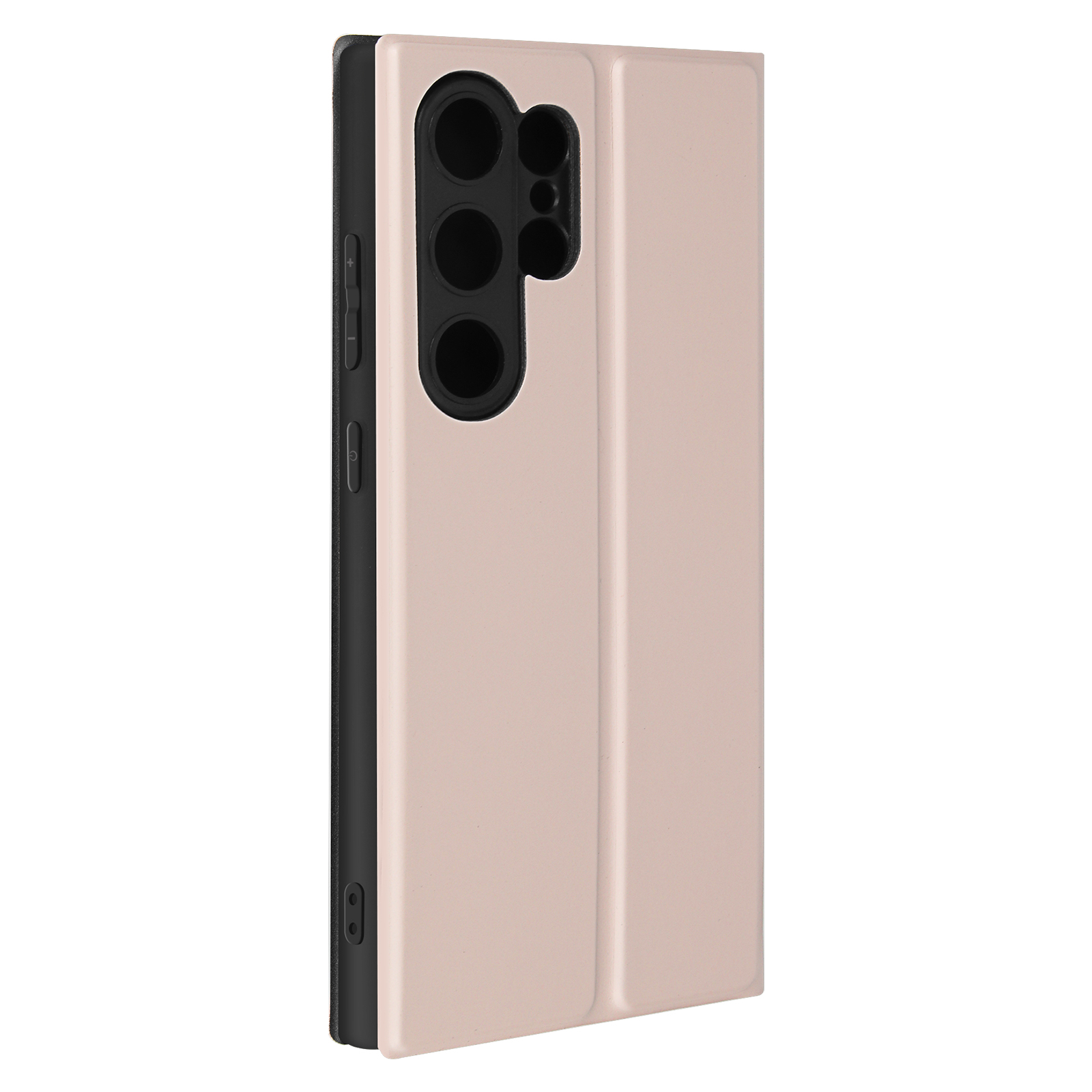 Custodia beige per telefono, vista laterale. Ritagli multipli per fotocamera. Bordo nero del telefono. Aperta, mostra le lenti.