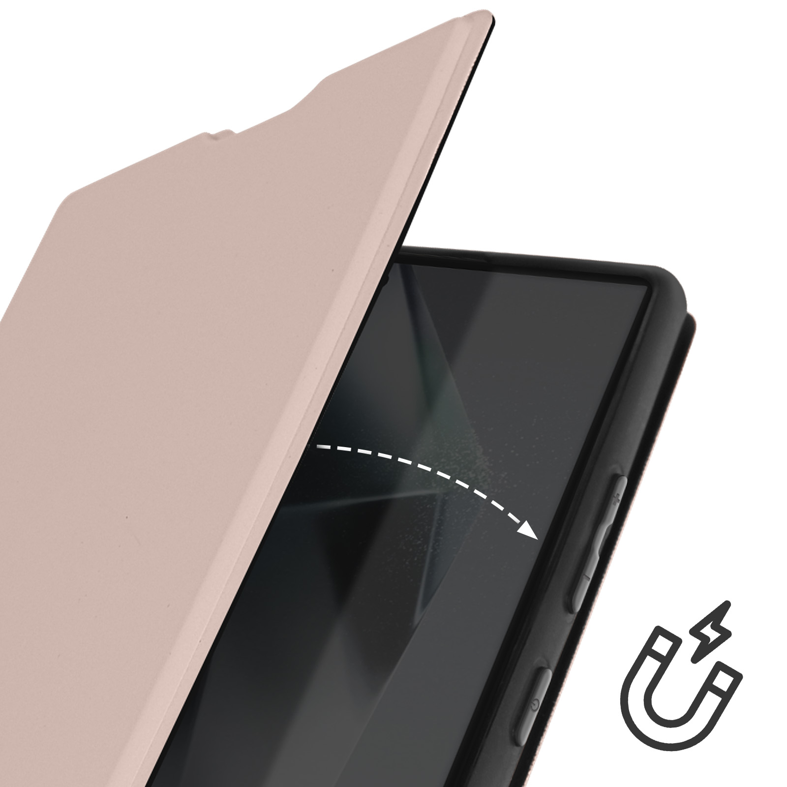 Custodia del telefono che si apre. Copertura beige, che mostra un telefono e magneti. Bordo nero del telefono. Sfondo bianco.