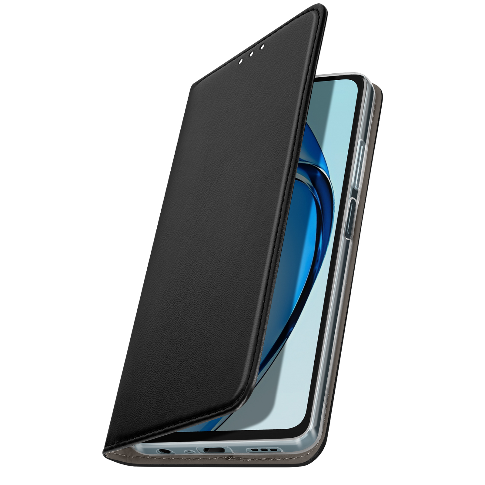 Custodia per telefono nera, aperta, con un telefono all'interno. Lo schermo del telefono è visibile.