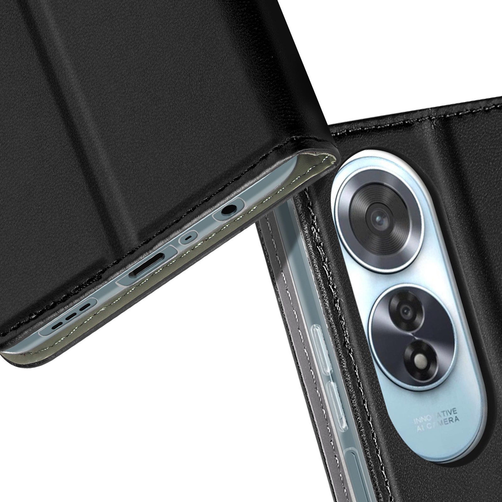 Custodia per telefono nera con un telefono. Obiettivi della fotocamera visibili.