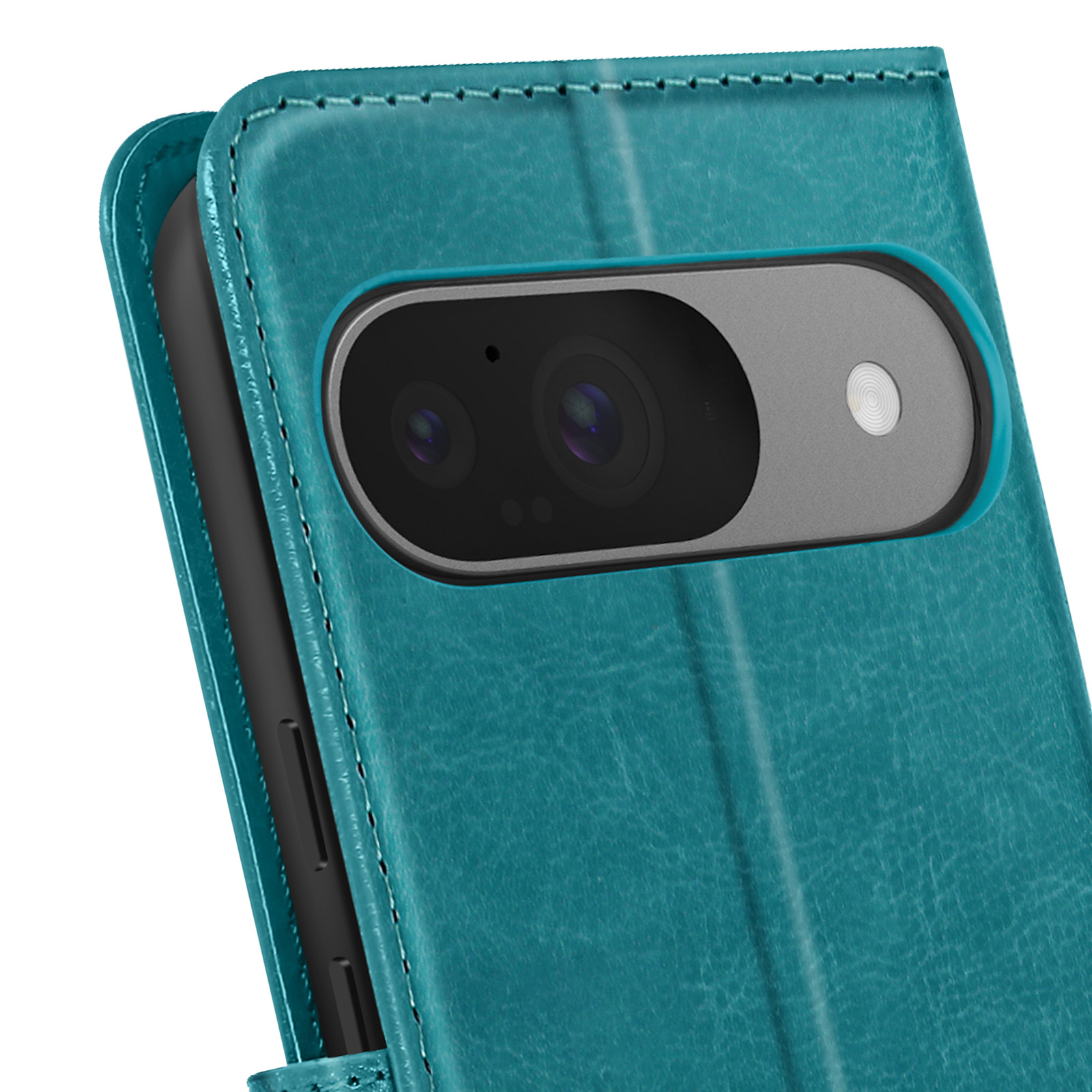 Custodia verde acqua, mostra le lenti della fotocamera e il flash.
