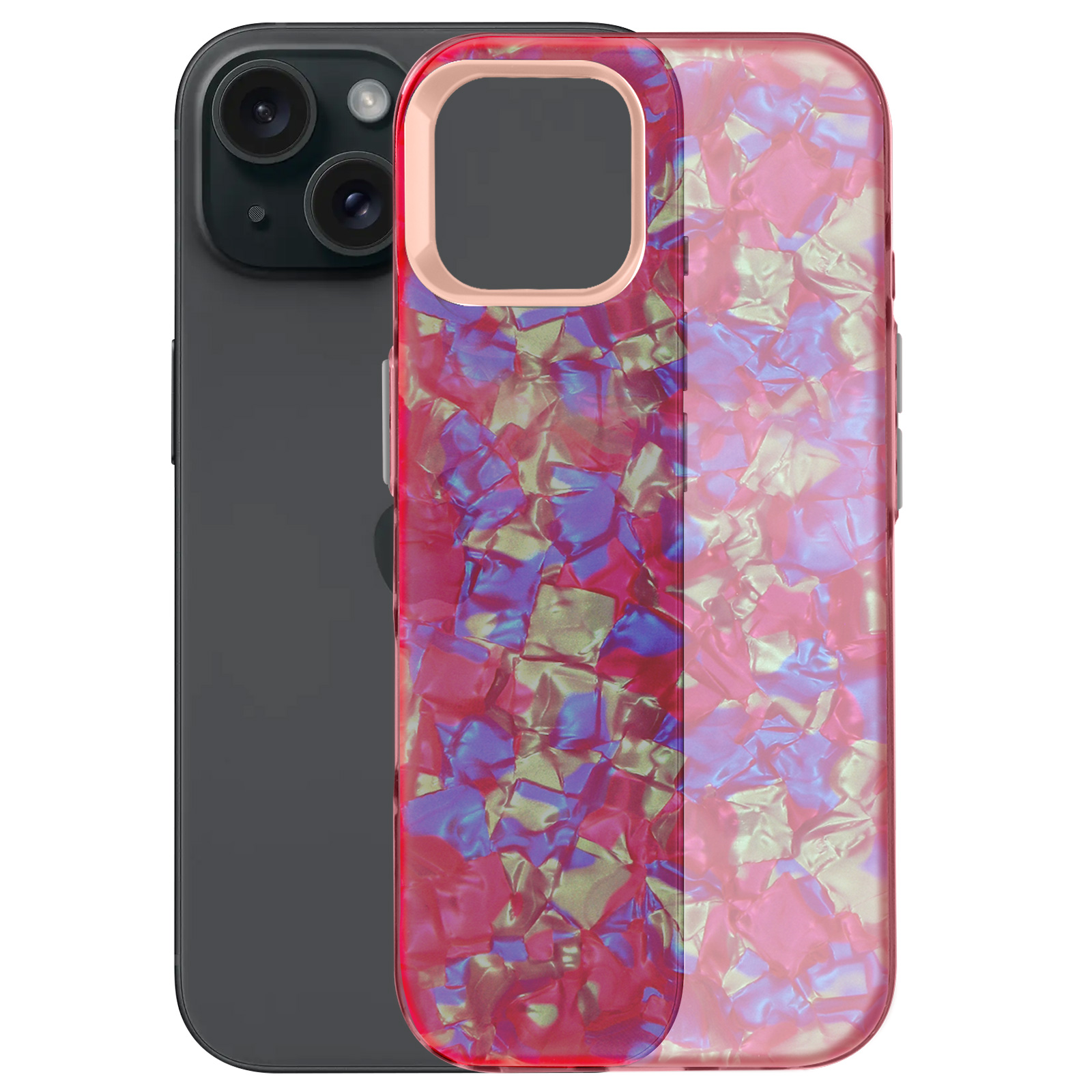 Telefono con custodia rosa. La custodia presenta un motivo riflettente a mosaico in rosa, blu e oro.