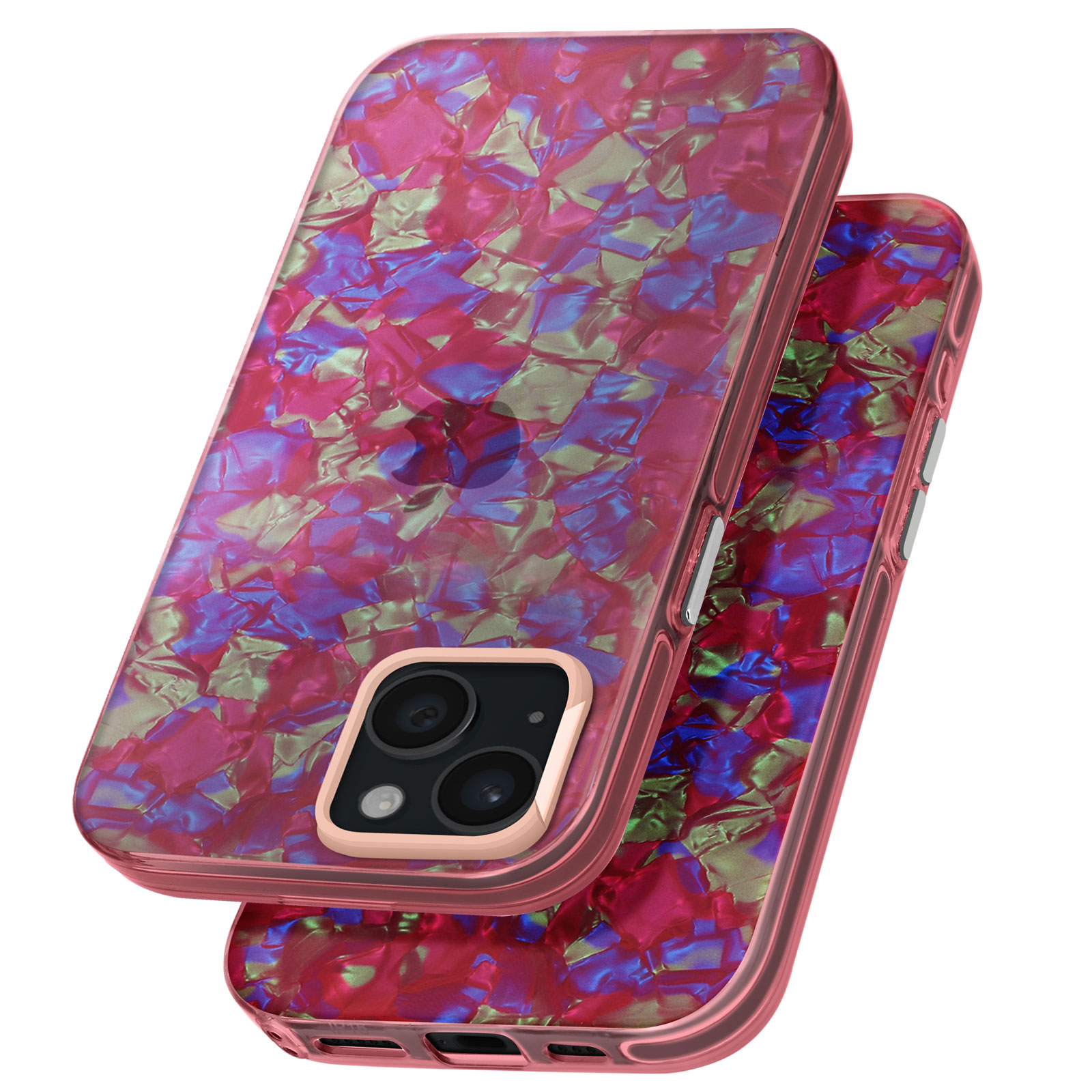 Due telefoni con custodie rosa. Le custodie presentano un motivo riflettente a mosaico in rosa, blu e oro.