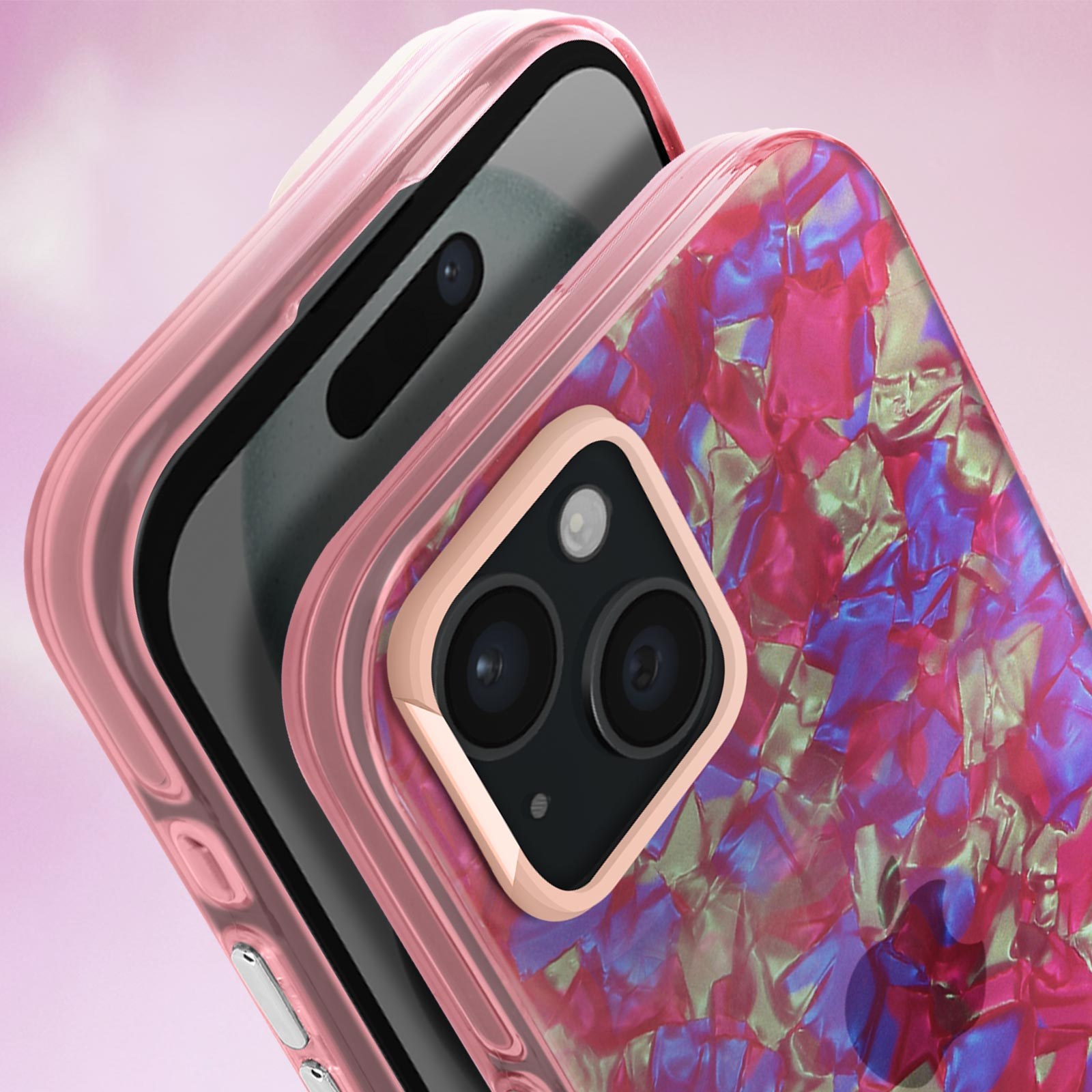 Custodia rosa iridescente, mostra le lenti della fotocamera.