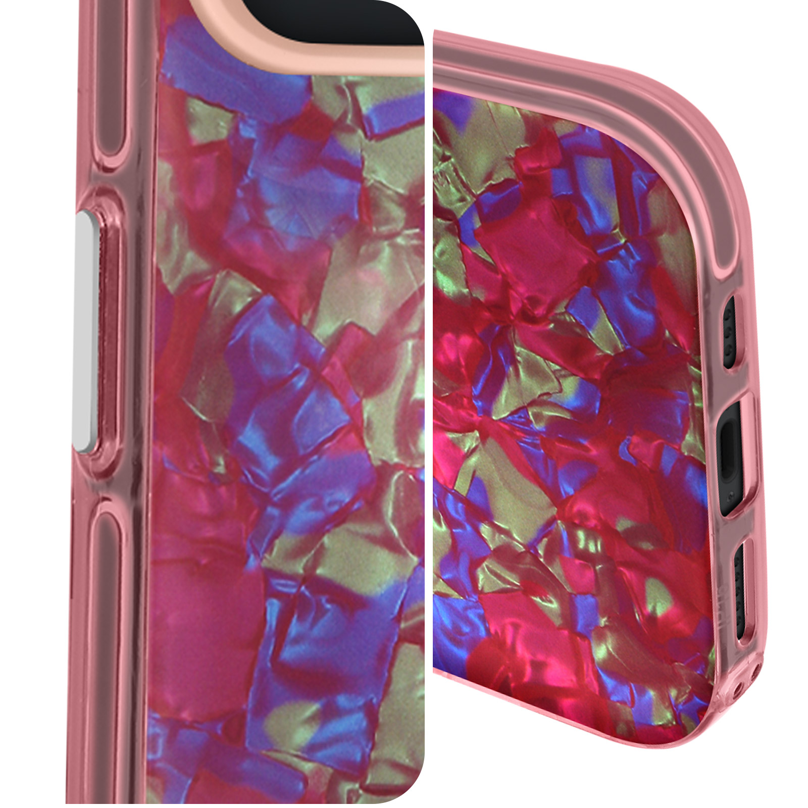 Primo piano della custodia del telefono con un motivo riflettente a mosaico in rosa, blu e oro.