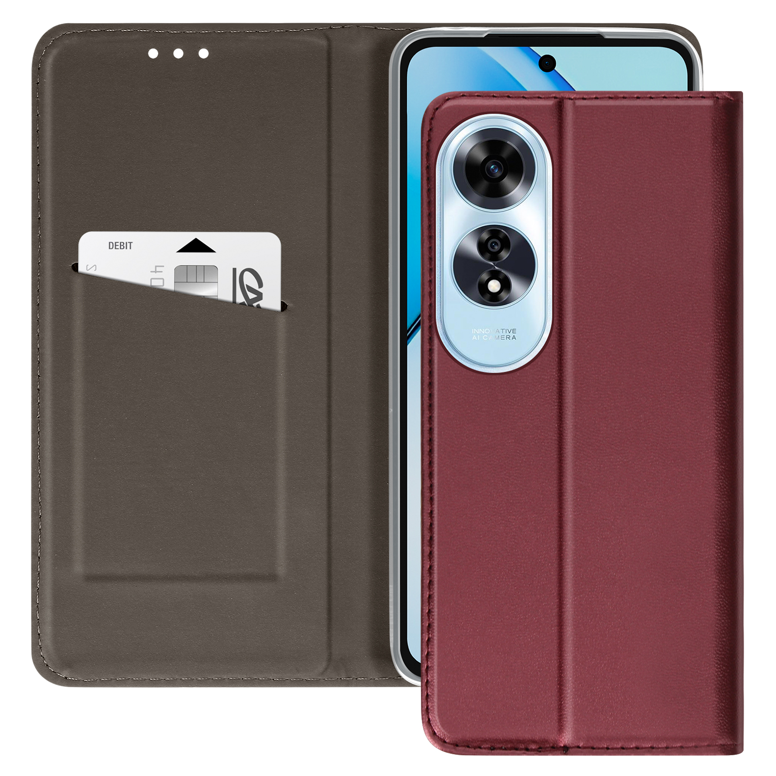 Custodia per telefono bordeaux aperta, con fessura per carte e un telefono. Il telefono ha due fotocamere.