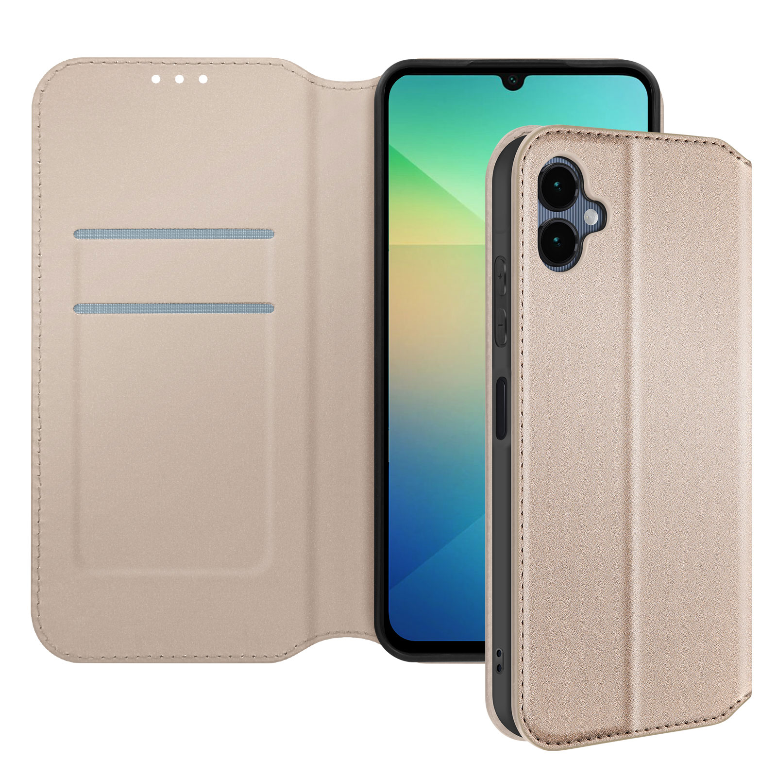 Custodia beige, aperta, mostra telefono e fessure per carte.