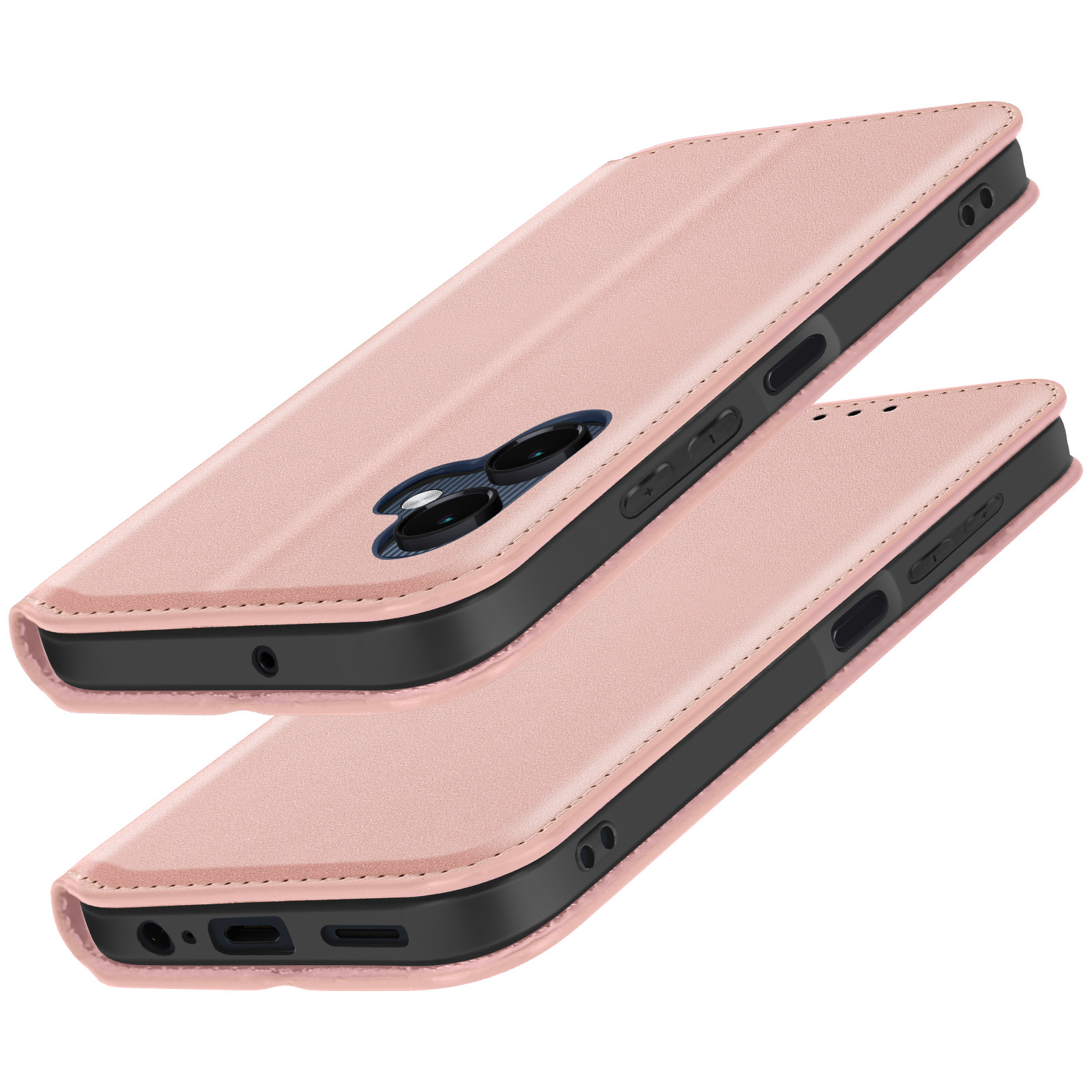 Due custodie per telefono sono rosa. La custodia del telefono è aperta, la custodia del telefono è chiusa.