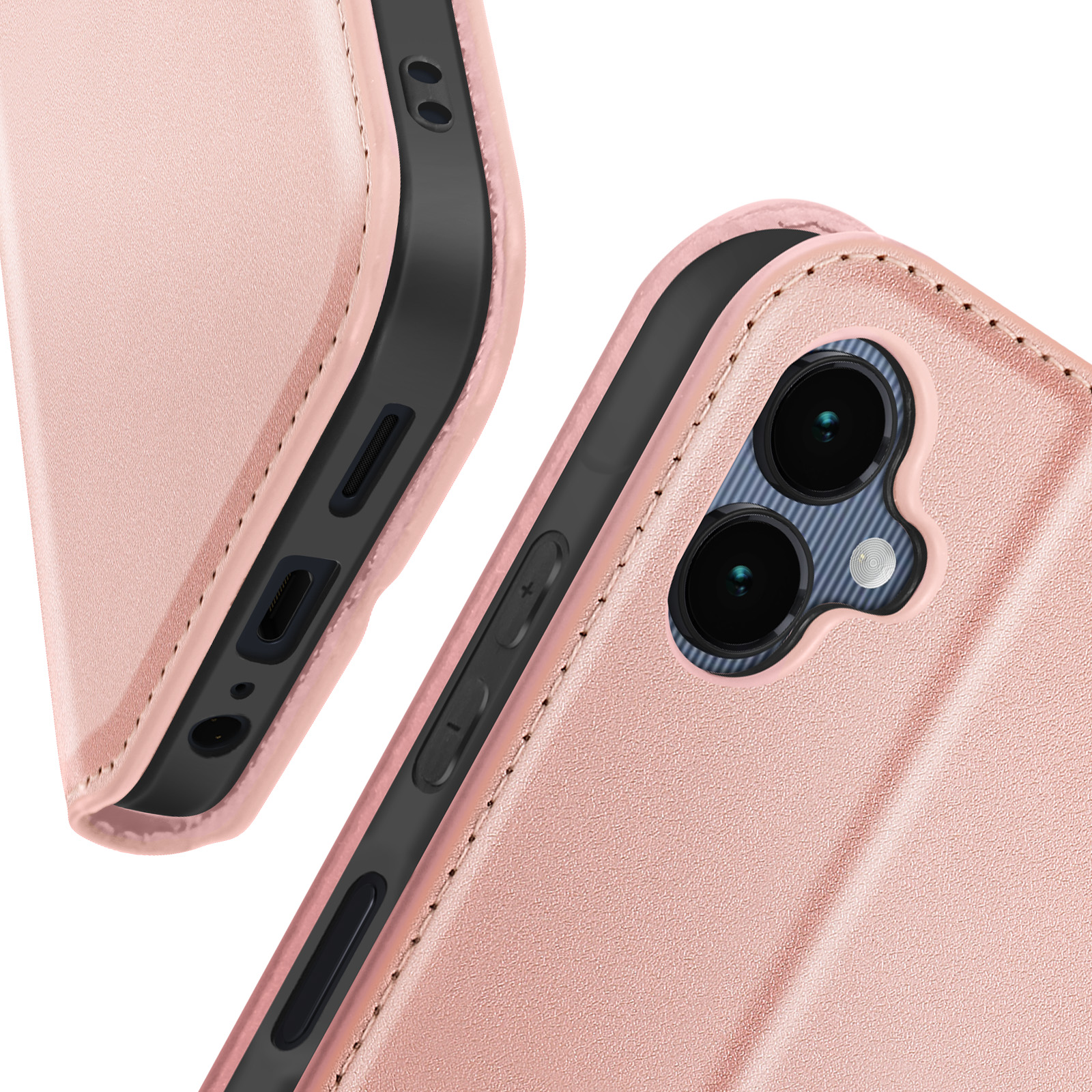 Primo piano di una custodia per telefono rosa. Pulsanti e ritagli della fotocamera sono visibili sul telefono.