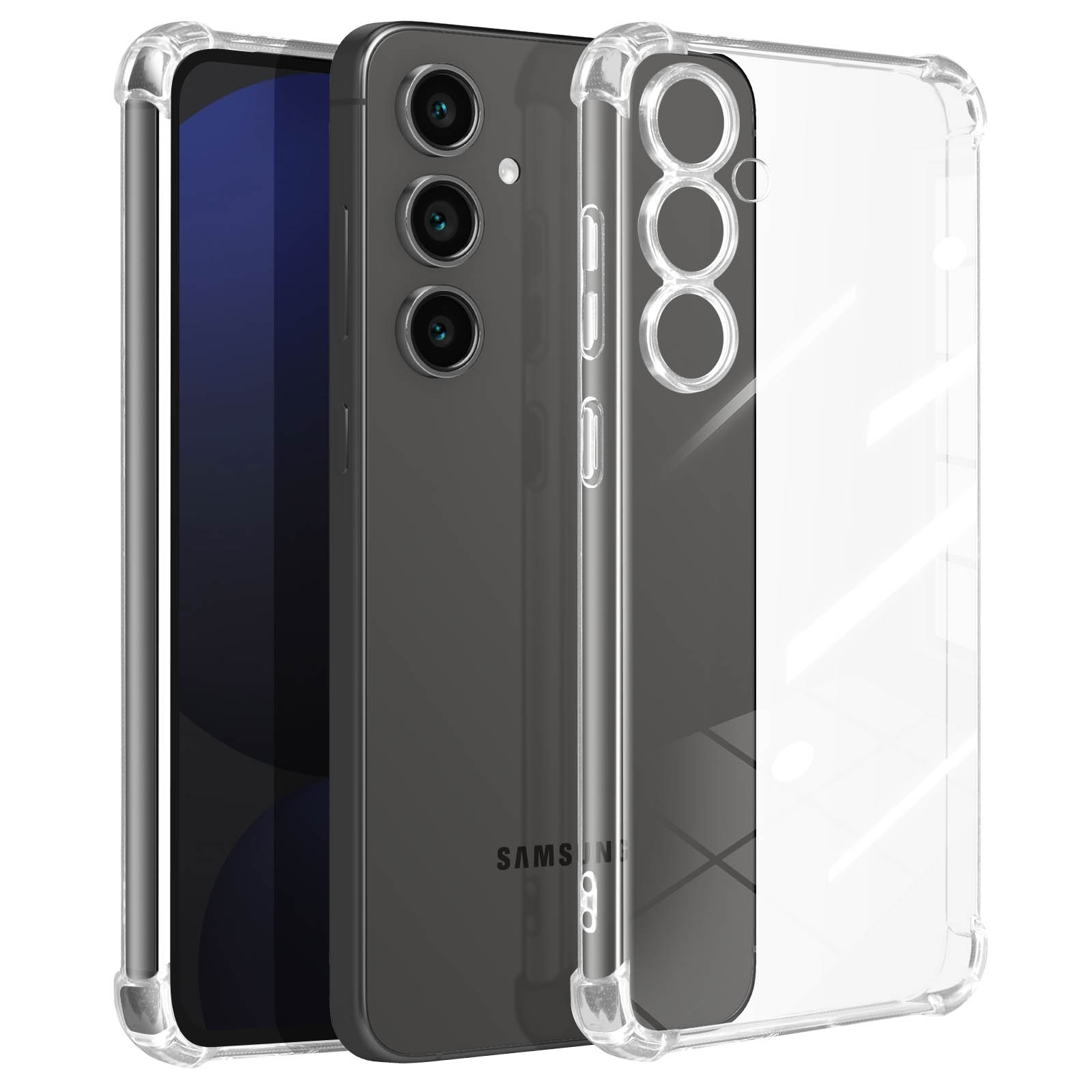Un telefono in una custodia trasparente. Il telefono è nero, la custodia è trasparente. Logo Samsung visibile.