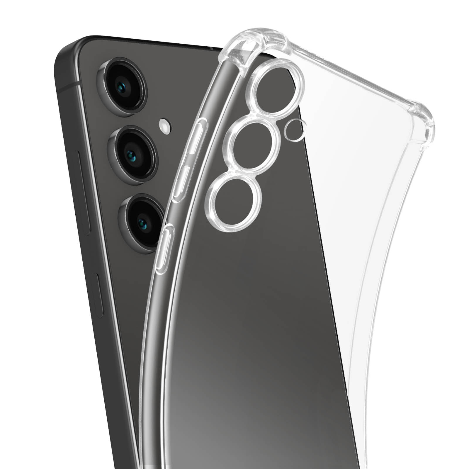 Custodia trasparente su un telefono. Tre lenti della fotocamera sono visibili.