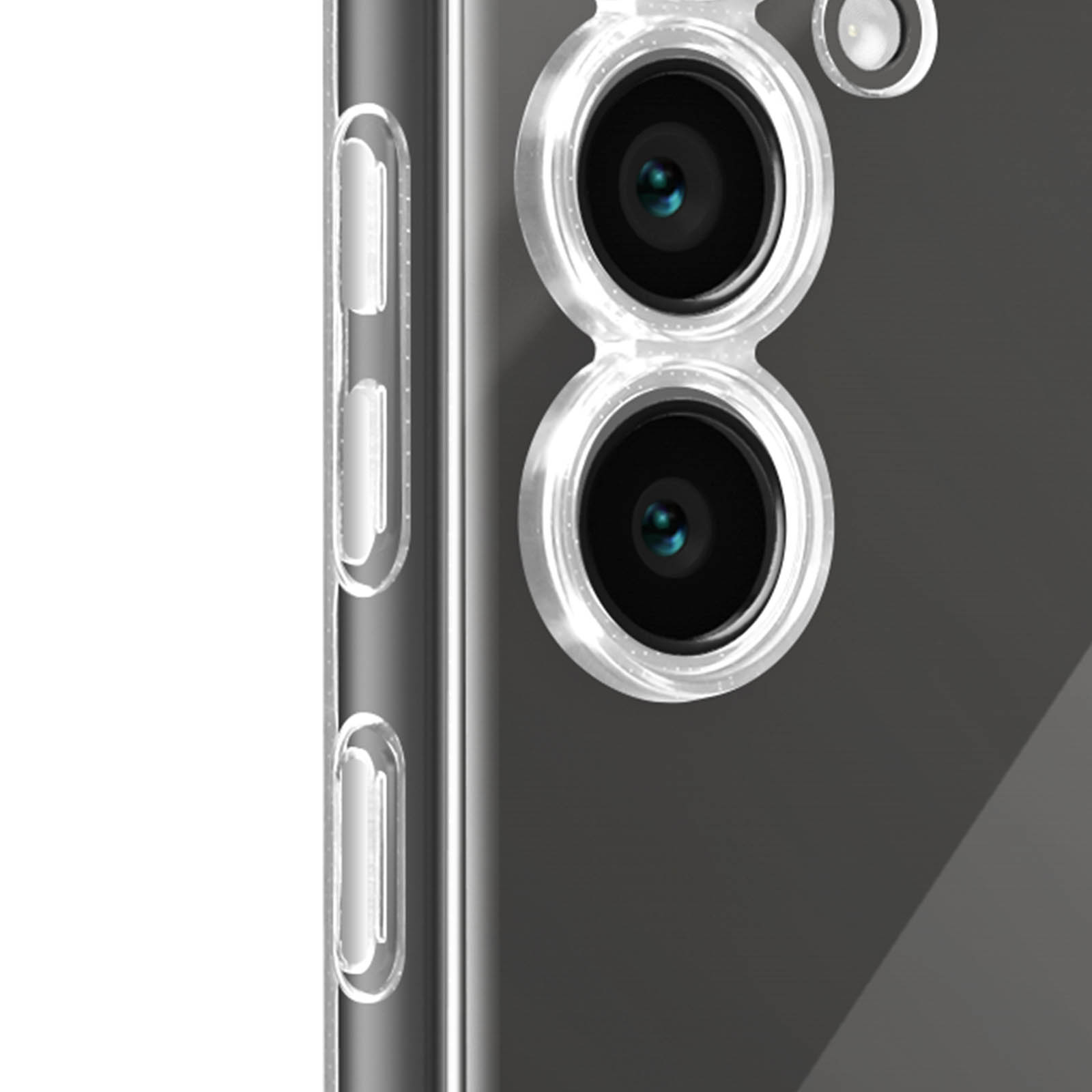 Primo piano delle lenti della fotocamera di un telefono. Custodia trasparente attorno alle lenti.