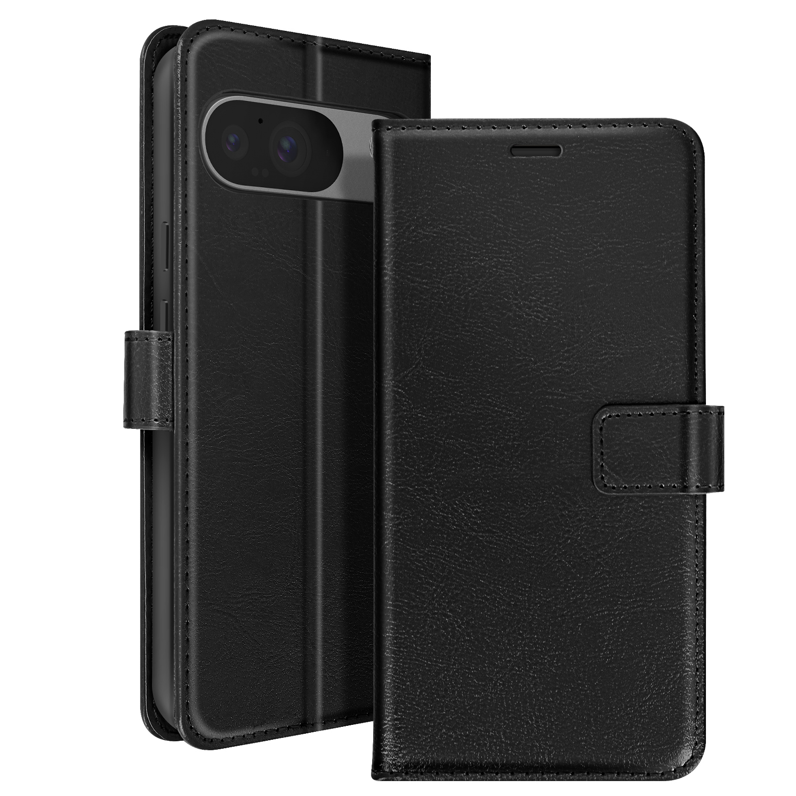 Custodia per telefono nera, con design a portafoglio aperto. Ha una chiusura a bottone.
