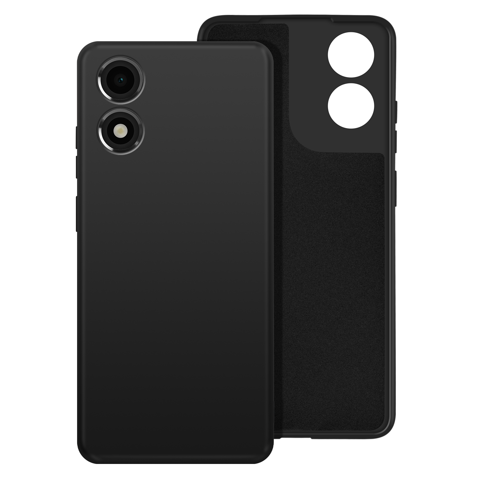 Custodia per telefono nera con un telefono nero all'interno. Il telefono ha due ritagli per la fotocamera.