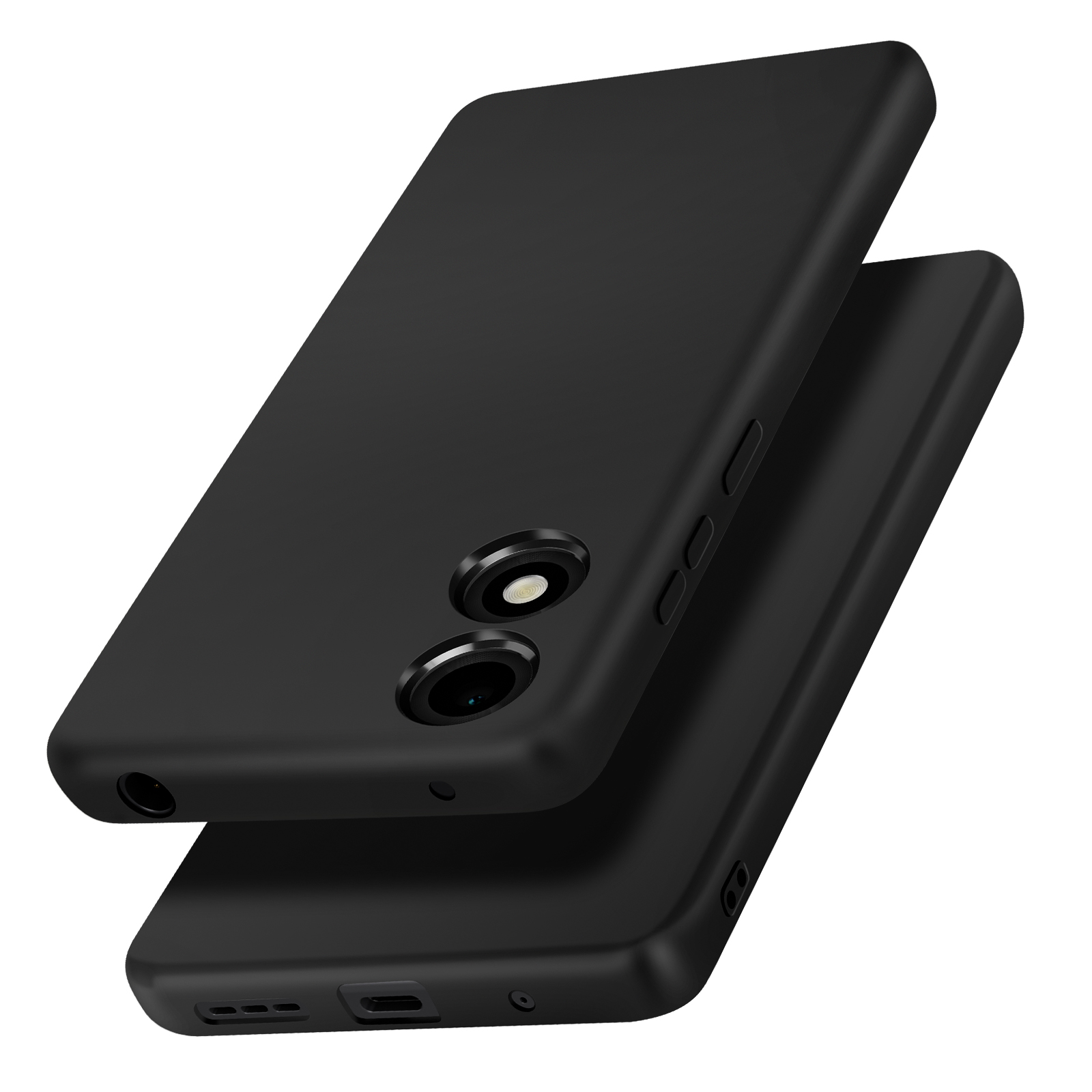 Custodie per telefono nere. Una sopra l'altra. Quella superiore mostra fotocamera e pulsanti.