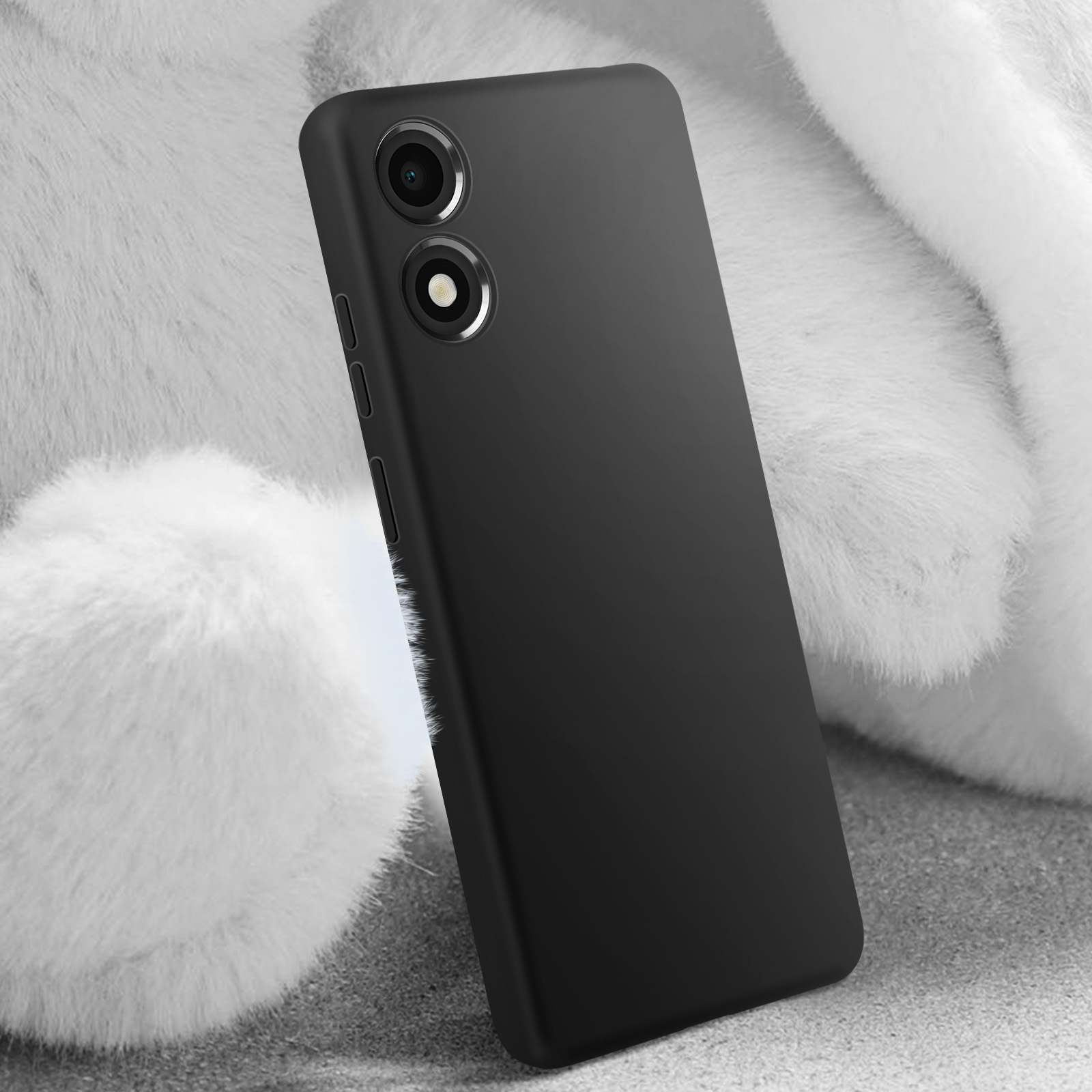 Custodia nera per telefono con ritagli per fotocamera, su sfondo bianco soffice.