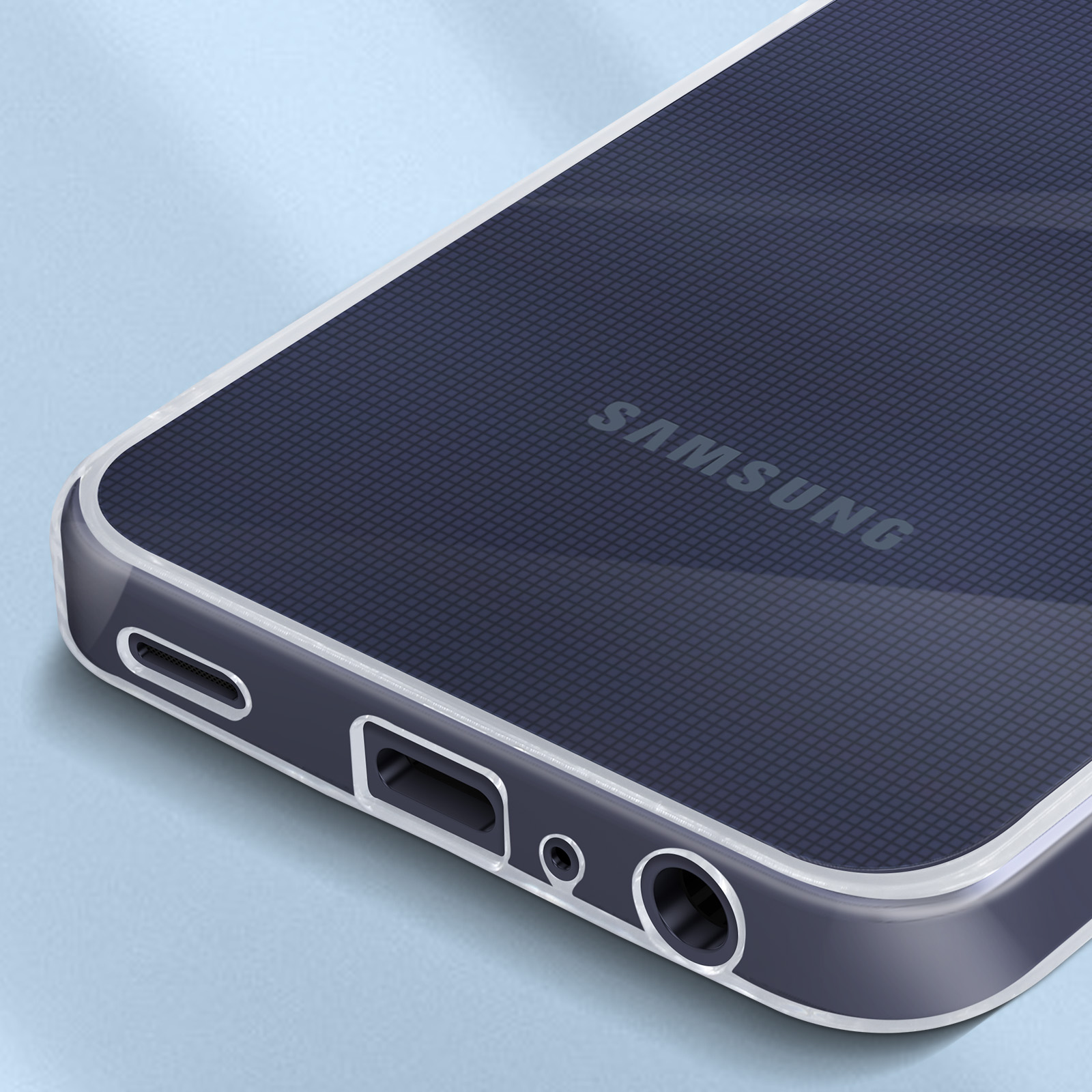 Custodia con motivo a pois blu, bordi trasparenti. La parola SAMSUNG è visibile.