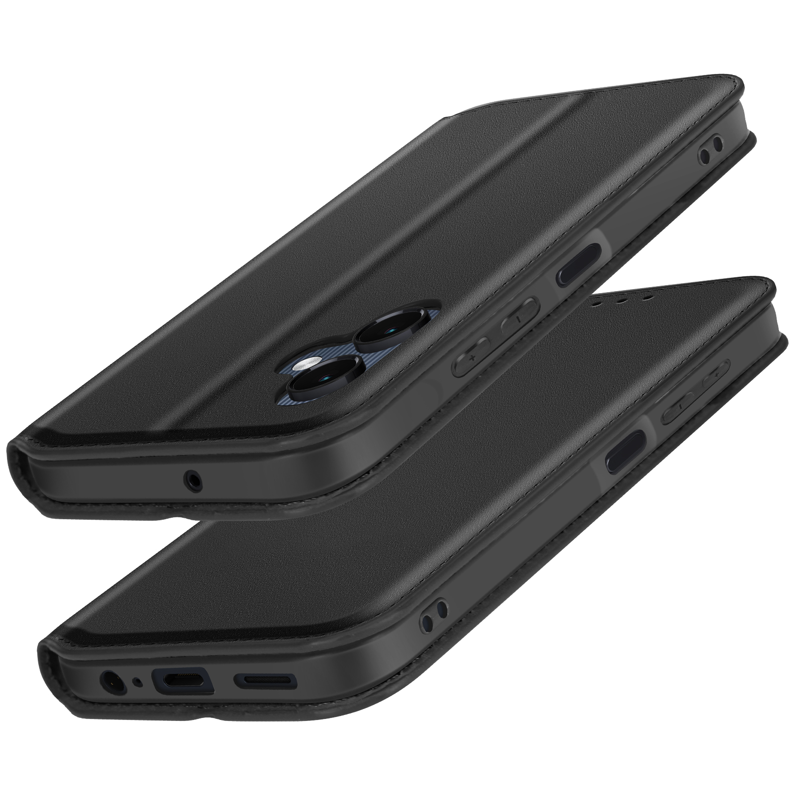 Custodie per telefono nere. Una è aperta. Mostra la fotocamera e i pulsanti laterali del telefono.
