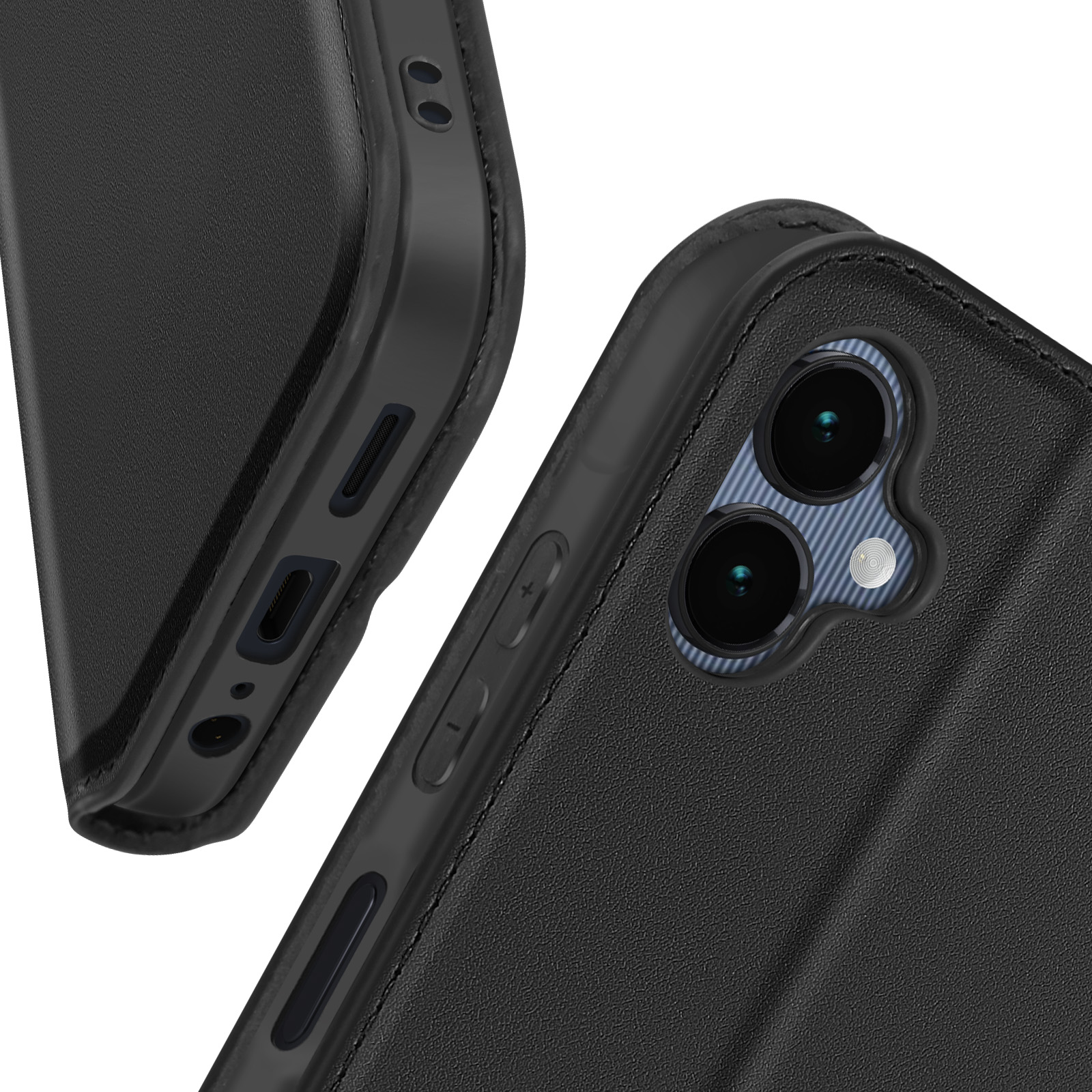 Primo piano di un telefono in una custodia nera. Obiettivi della fotocamera e pulsanti laterali visibili.