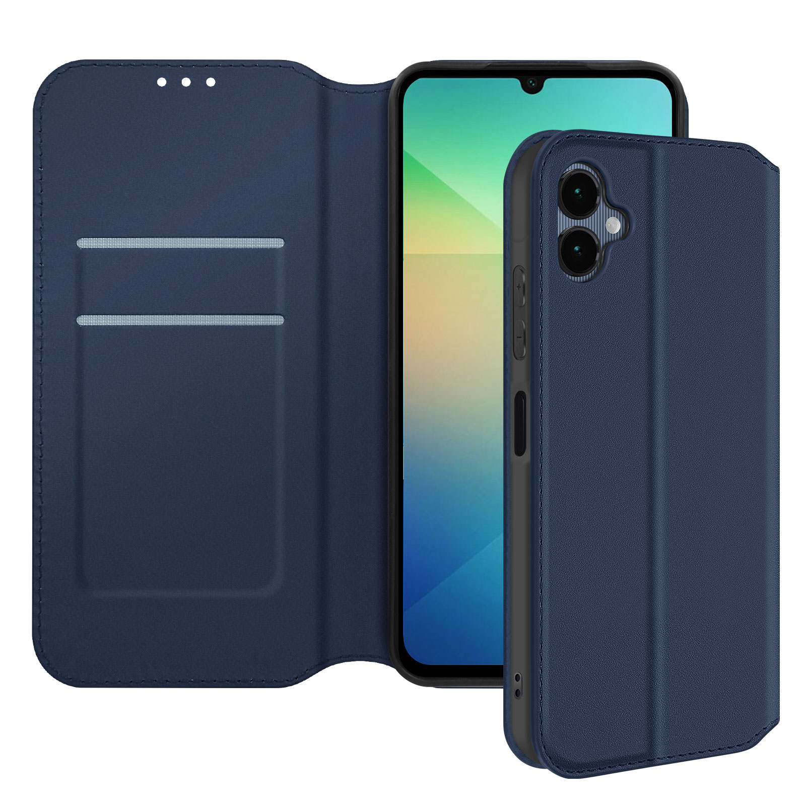 Custodia blu per telefono in stile portafoglio aperto, che mostra lo schermo del telefono e l'interno del portafoglio.