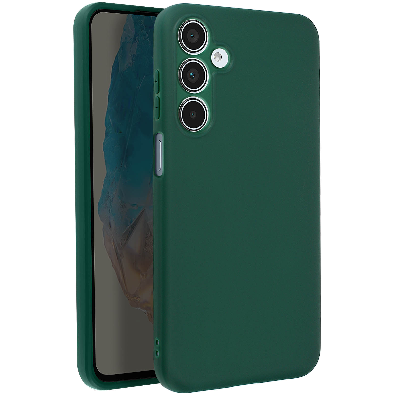 Custodia verde per telefono con tre obiettivi della fotocamera su sfondo bianco. La custodia è semichiusa.
