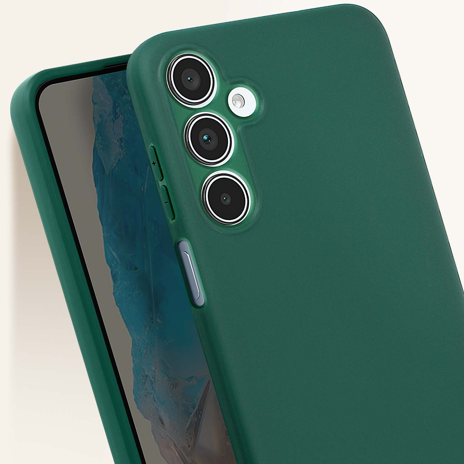 Custodia verde per telefono con tre obiettivi della fotocamera. La custodia è semichiusa con il telefono all'interno.